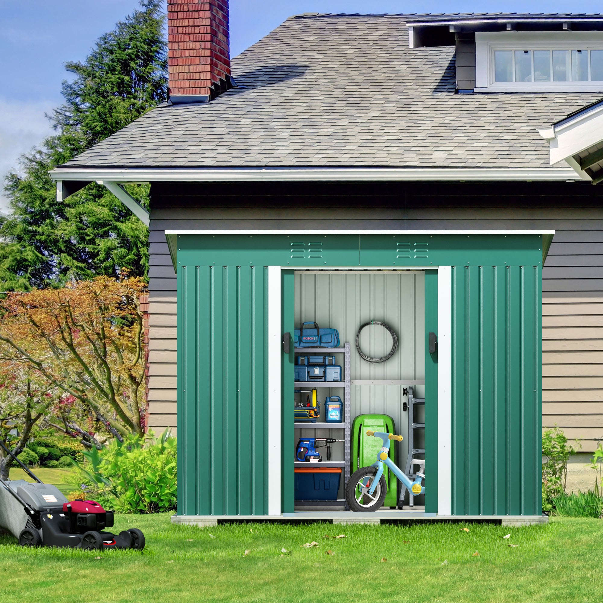 4.2 x 9.1 Ft Outdoor Storage Shed, Metal Tool Shed with Lockable Doors Vents, Utility Garden Shed for Patio Lawn Backyard, Green--1