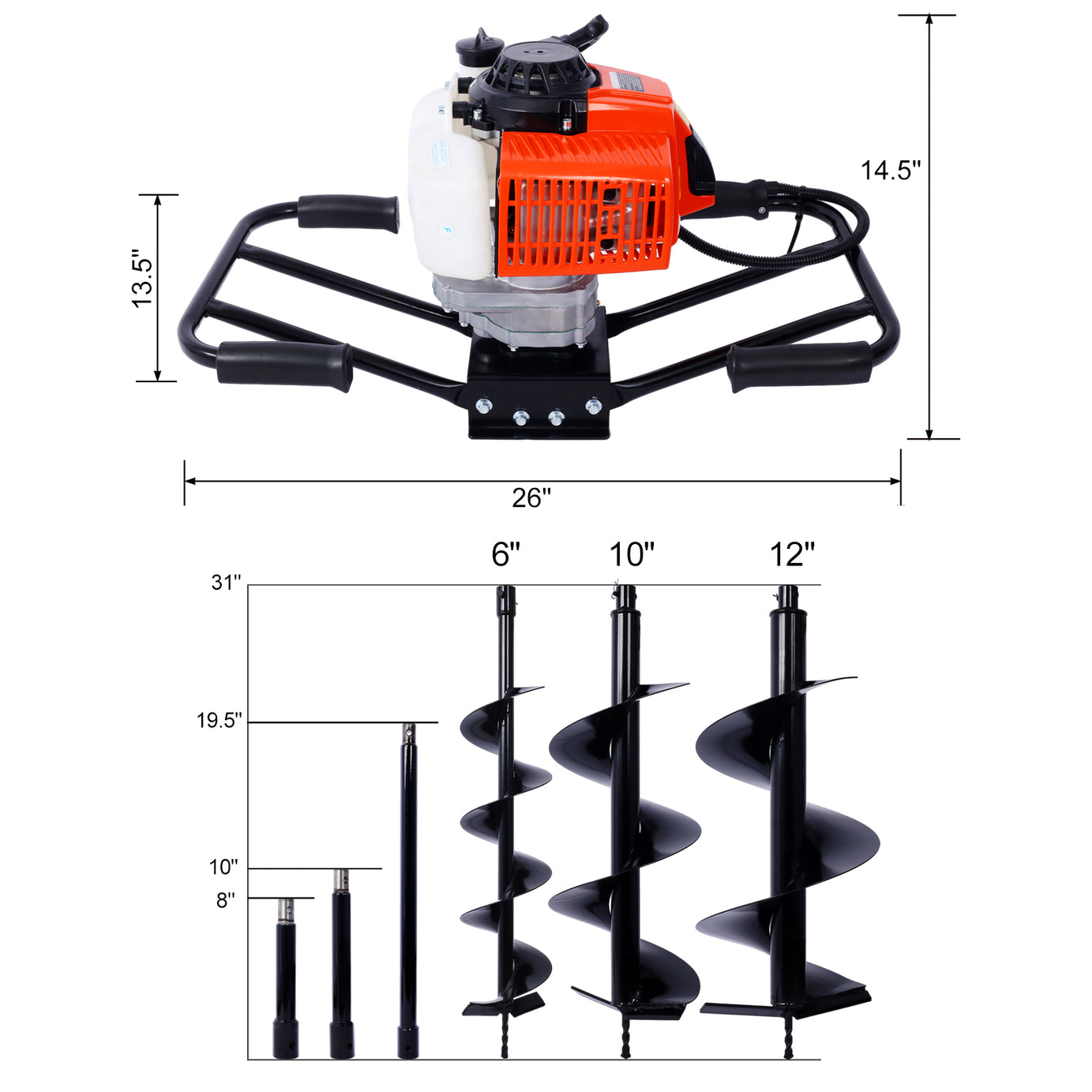 2.7HP Post Hole Digger 63cc two person handle Gas-Powered 2-Stroke Auger Digging Drill Shaft Size 3/4" (Machine Only)EPA COMPLAINT With  L6"+L10"+L12" DRILL BITS+EXT ROD KITS--1