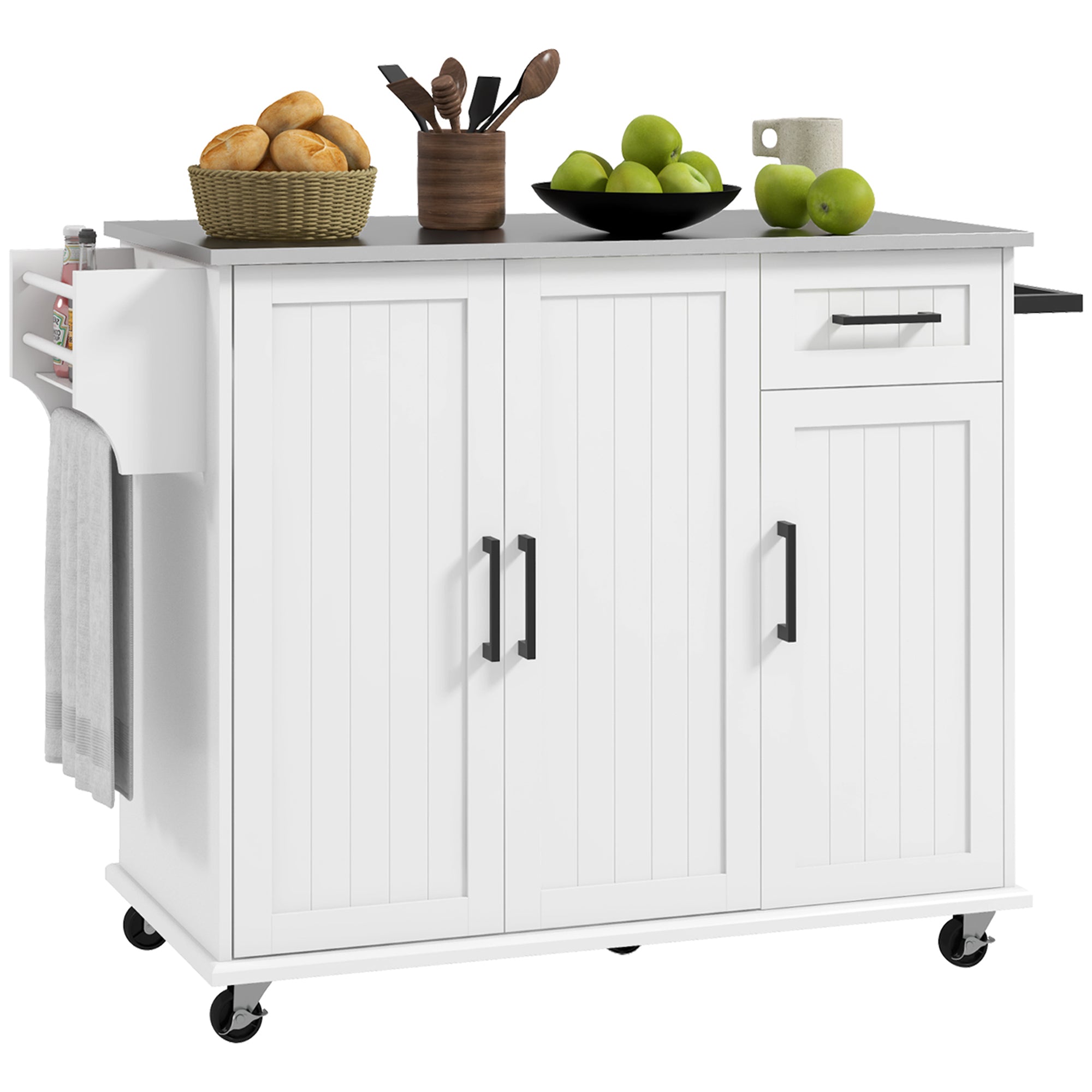 HOMCOM Kitchen Island with Storage, Rolling Kitchen Island on Wheels with Drawer, 3 Cabinets, Stainless Steel Countertop, Spice Rack and Towel Rack, White--1