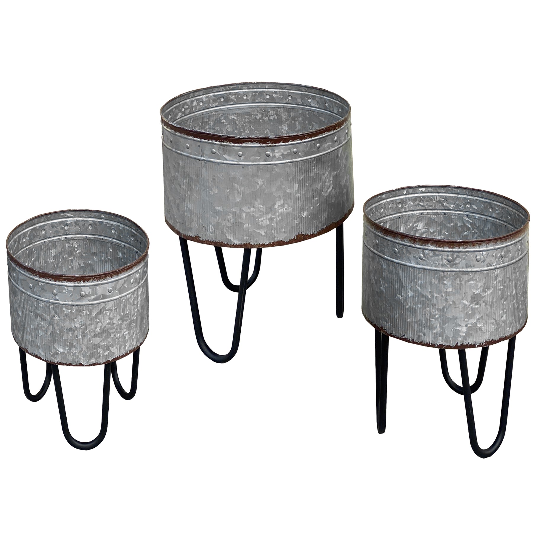 Galvanized Sheet Planter Tubs, Iron Powder Coated Hairpin Legs, Set of 3, Gray, Black--1