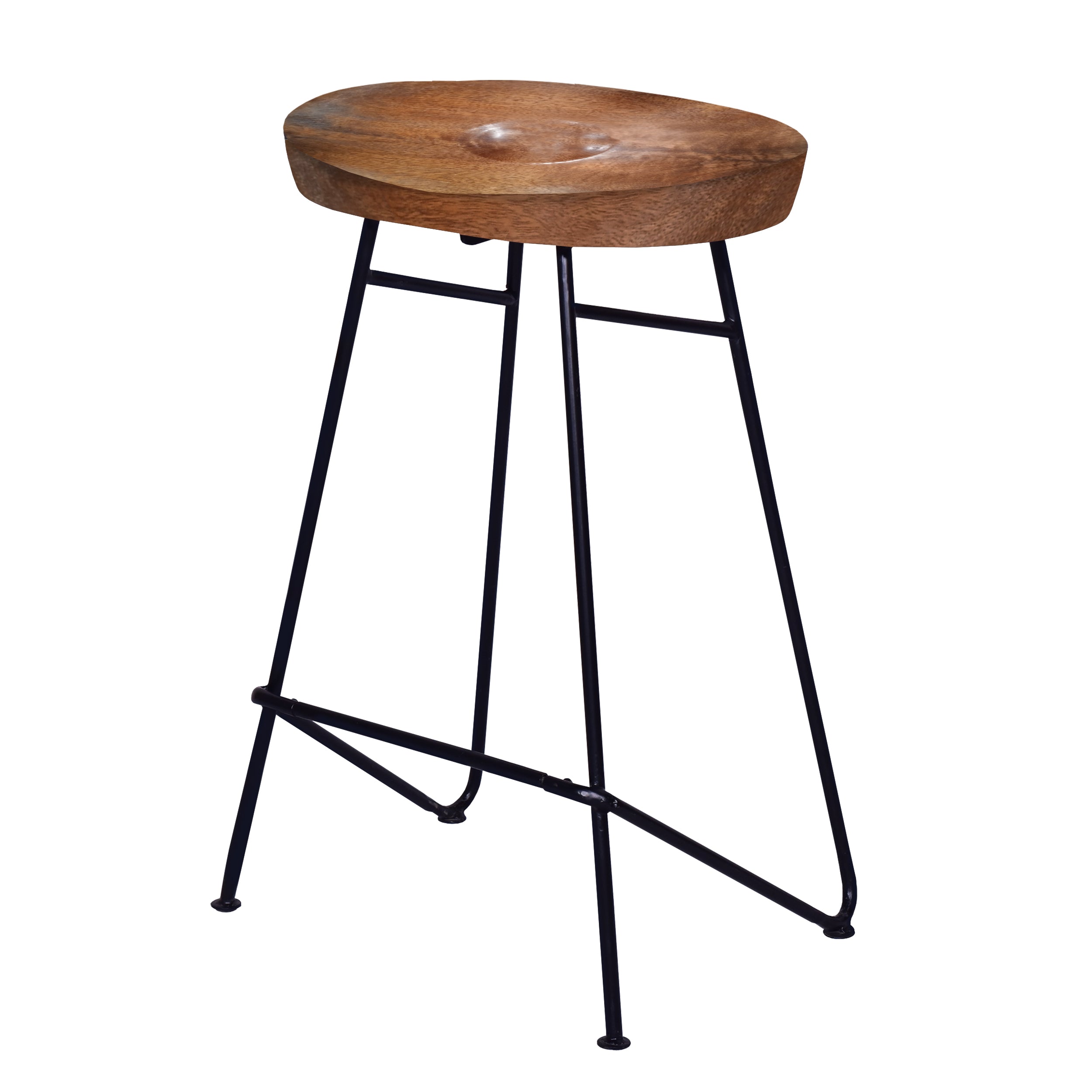 26 Inch Industrial Counter Height Stool, Contoured Mango Wood Seat, Iron, Cafe Brown, Black--1