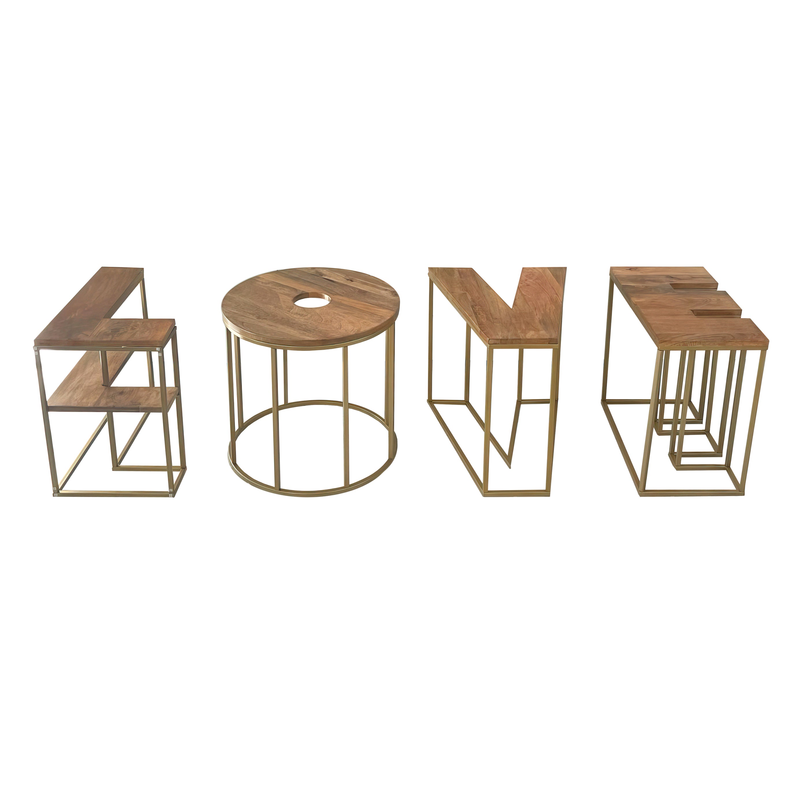 LOVE Alphabet Design 4pc Coffee Table Set, Brown Mango Wood Top, Antique Brass Base--1