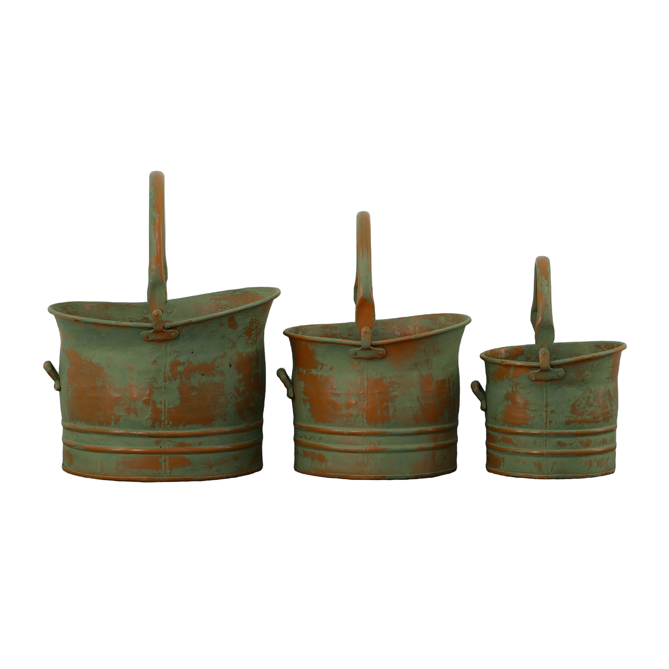 Tinged Metal Bucket Planter With Handles, Patina Rust Finish, Green, Set of 3--1