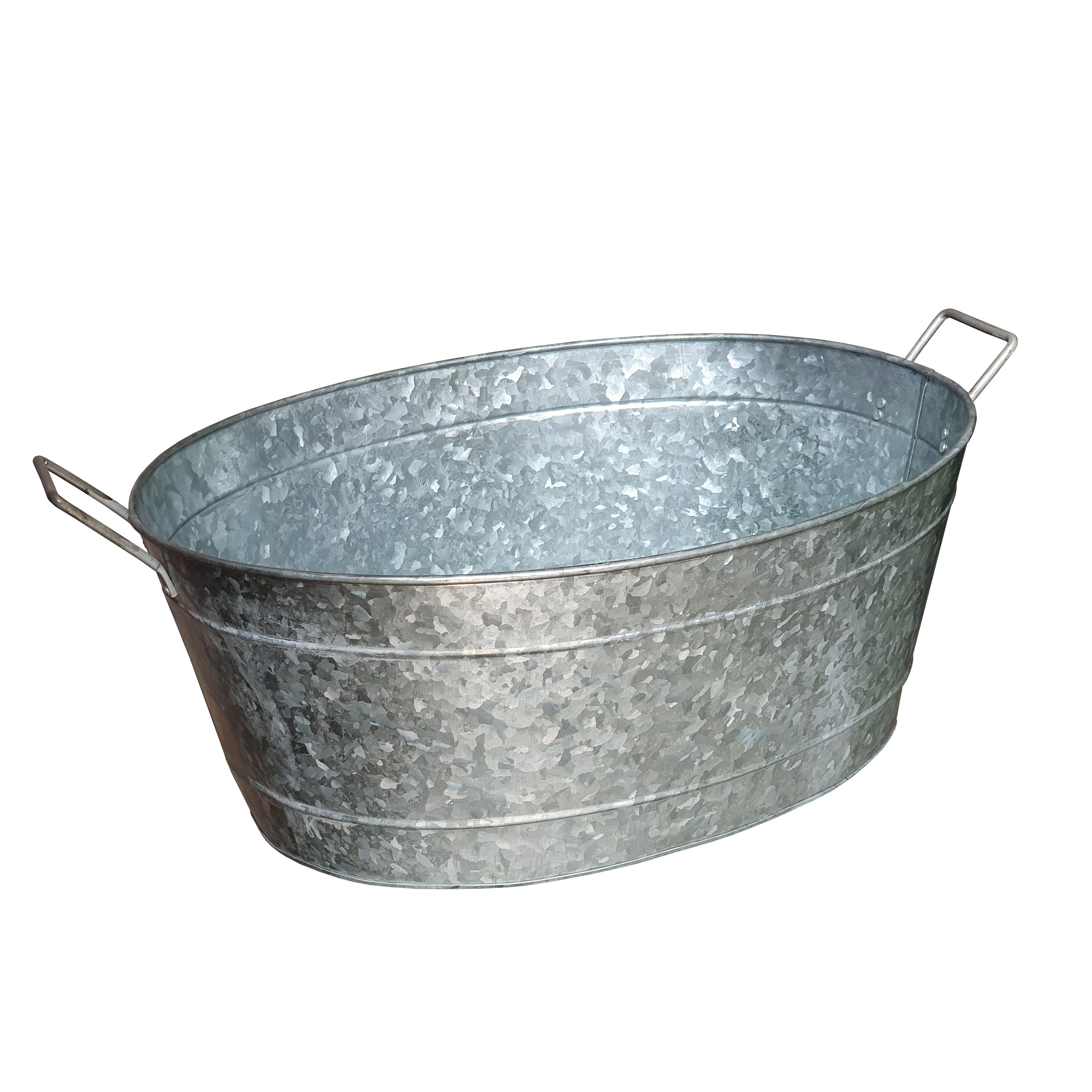 Embossed Design Oval Shape Galvanized Steel Tub with Side Handles, Small, Silver--1