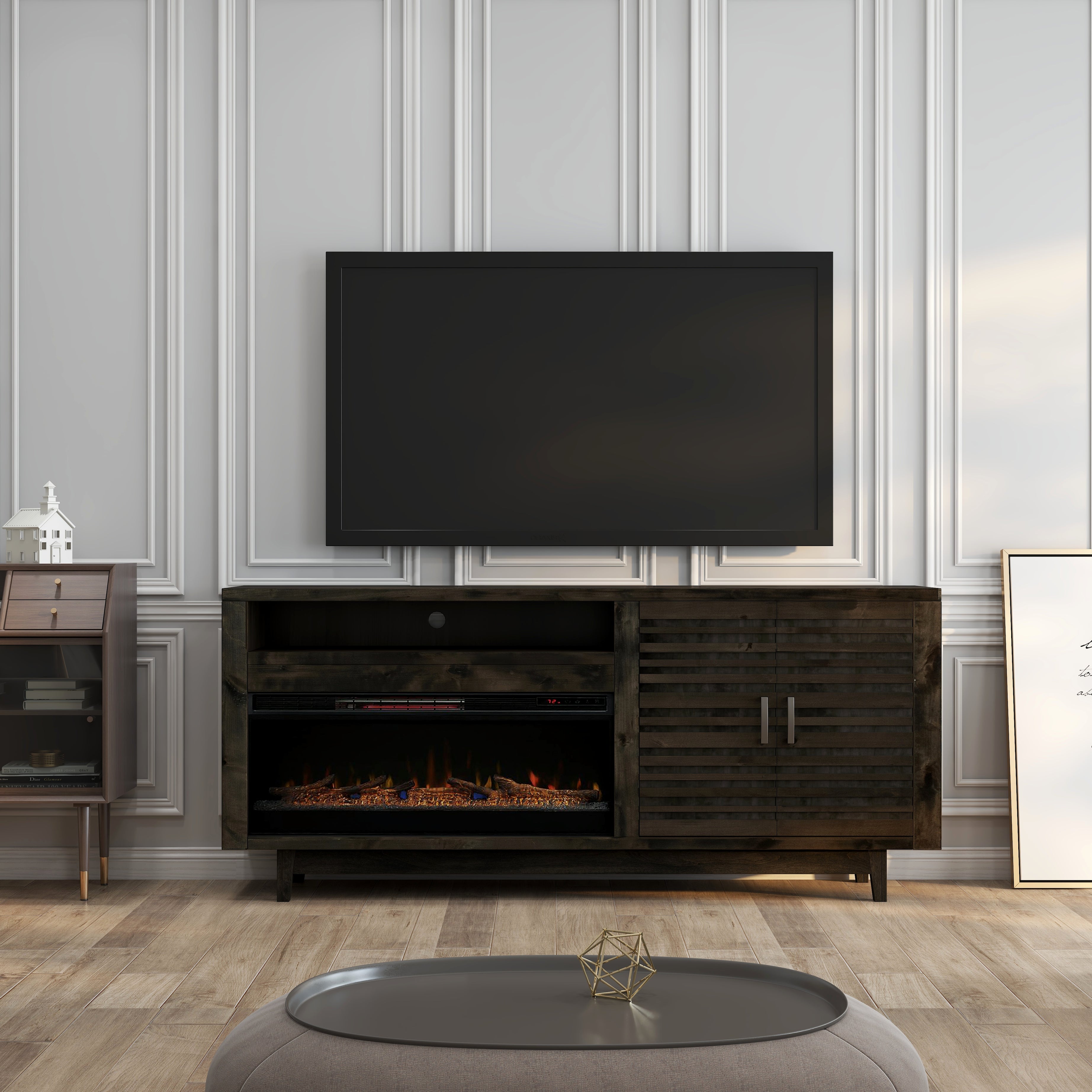 Bridgevine Home Avondale 83 Inch Electric Fireplace TV Console, for TVs up to 95 inches, Minimal Assembly, Charcoal-Brown Finish--1