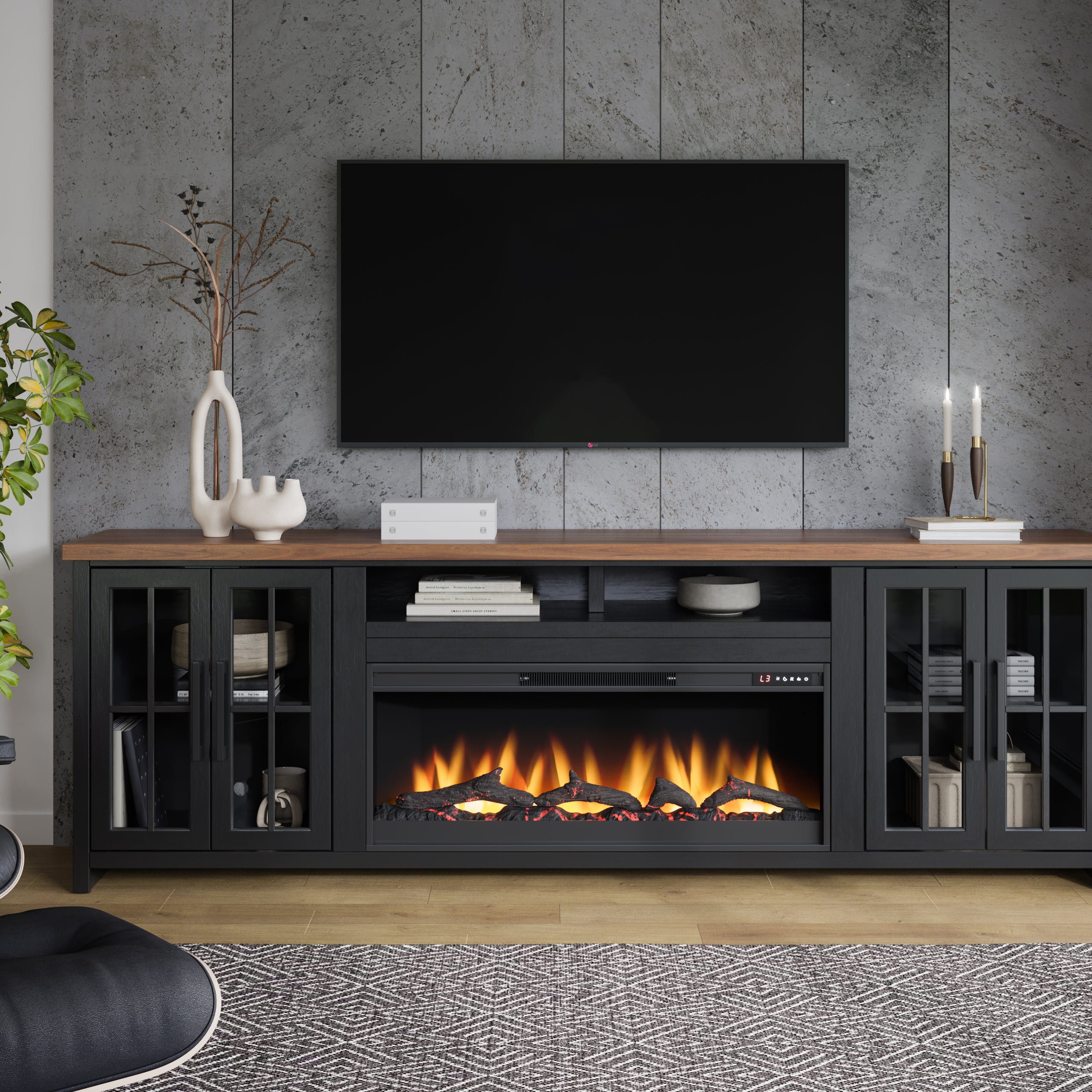 Bridgevine Home Essex 97 inch Fireplace TV Stand Console for TVs up to 100 inches, Minimal Assembly, Black and Whiskey Finish--1