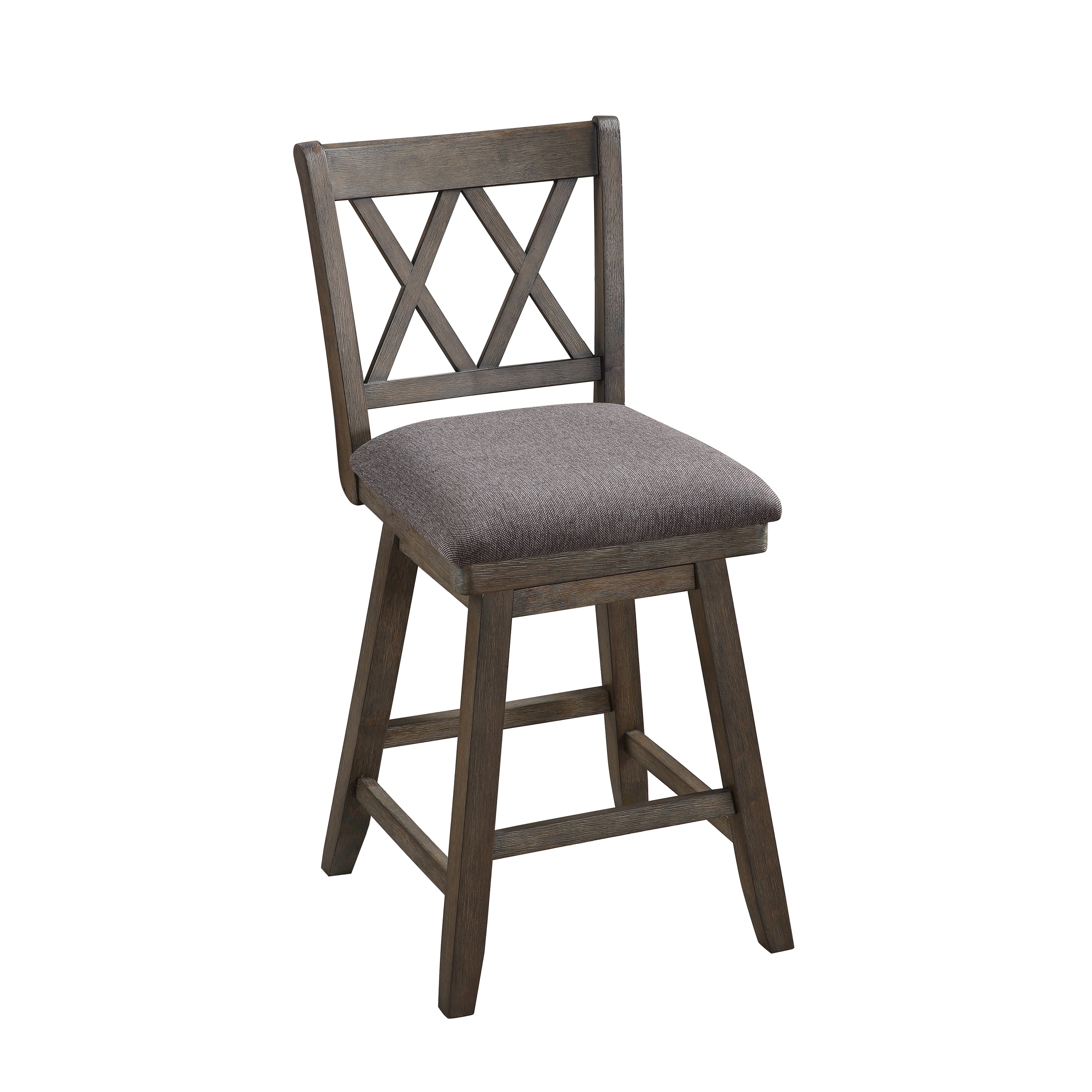 Jasmine 24" Handcrafted Rustic 360 Degree Swivel Counter Stool Chair, Distressed Walnut Brown, Gray Seat Cushion--1