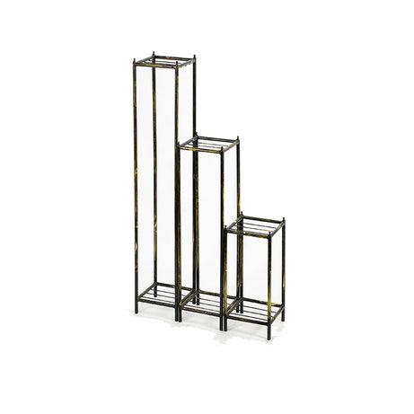 40, 29, 17 Inch 2 Tier Square Metal Plant Stand, Slatted, Set of 3, Black, Gold--1