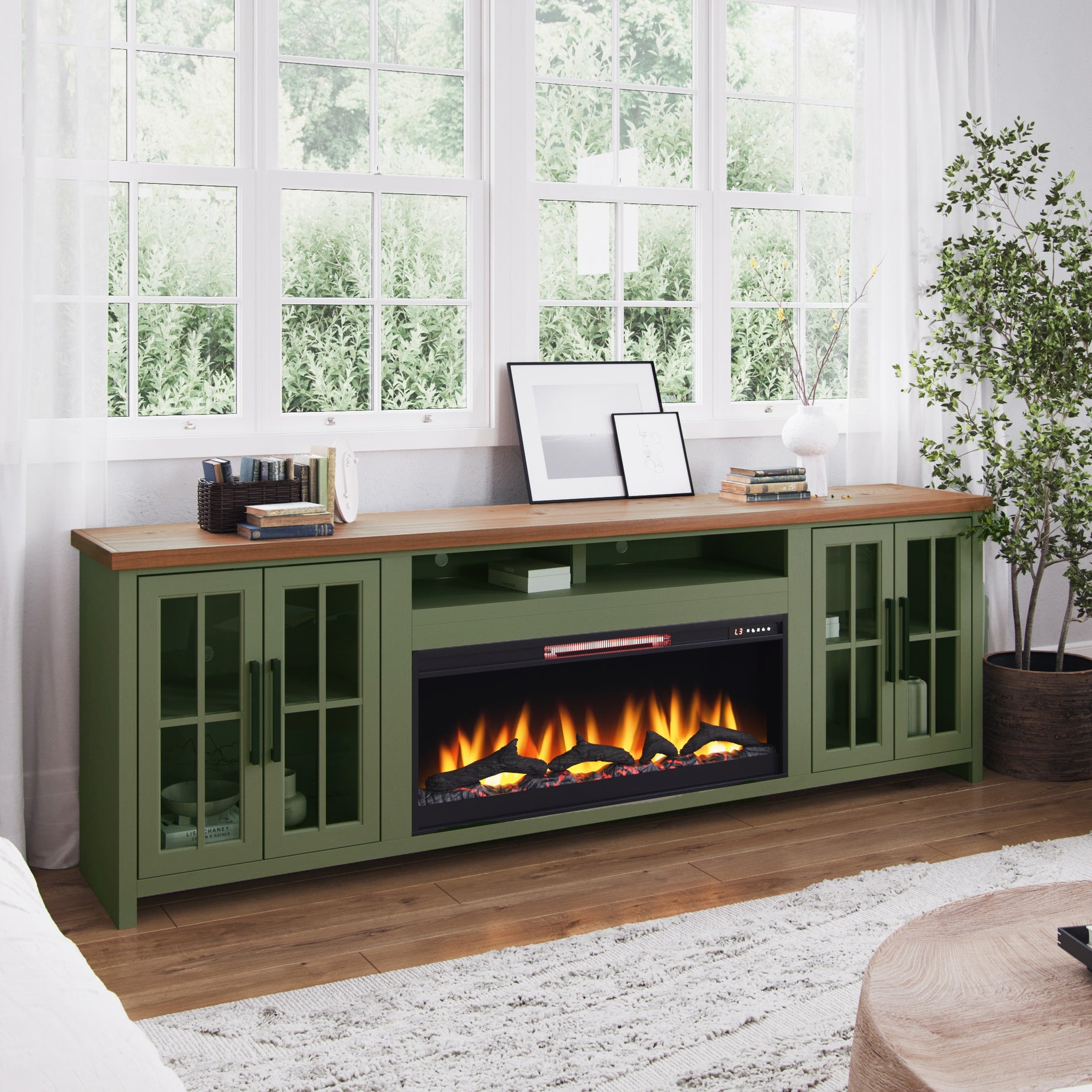 Bridgevine Home Vineyard 97 inch Fireplace TV Stand Console for TVs up to 100 inches, Minimal Assembly, Sage Green and Fruitwood Finish--1