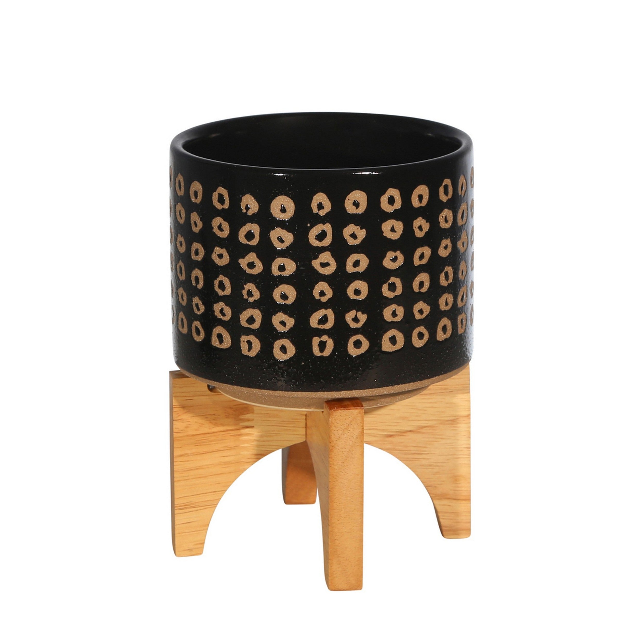 Planter with Wooden Stand and Abstract Design, Small, Black--1