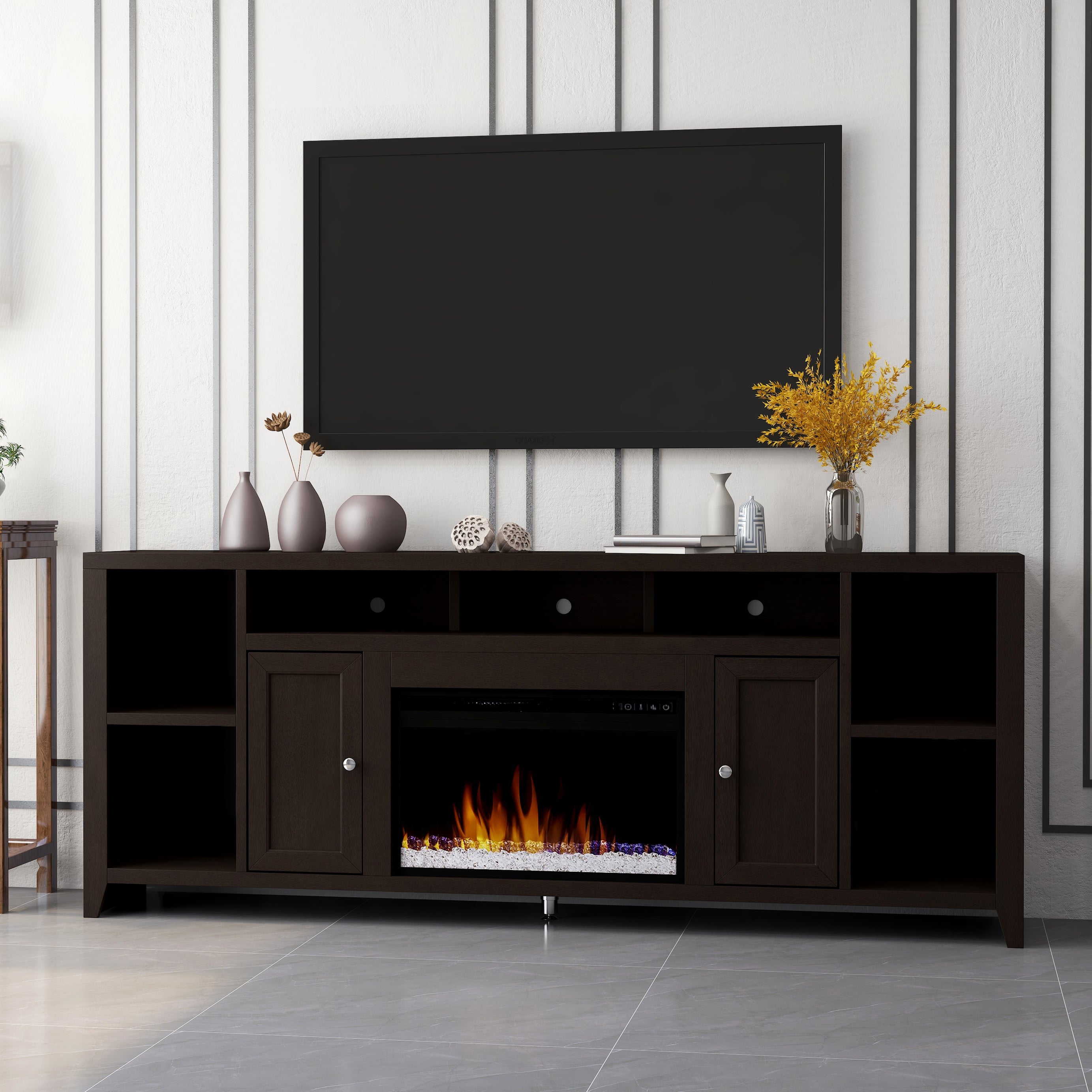 Bridgevine Home Urban Loft 84 inch Electric Fireplace TV Console for TVs up to 95 inches, Minimal Assembly, Mocha Finish--1