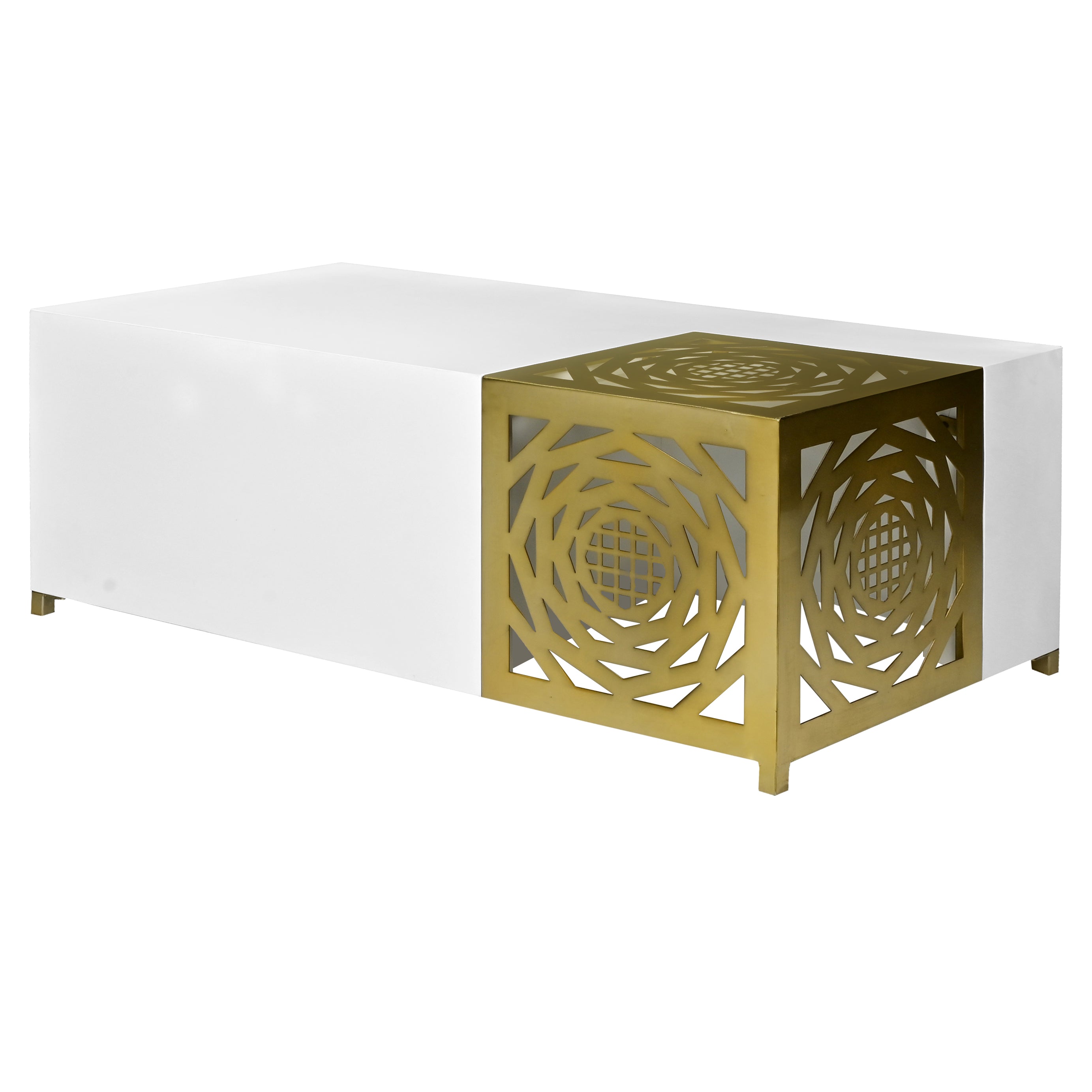 48 Inch Rectangular Modern Coffee Table with Geometric Cut Out Design, White and Brass--1