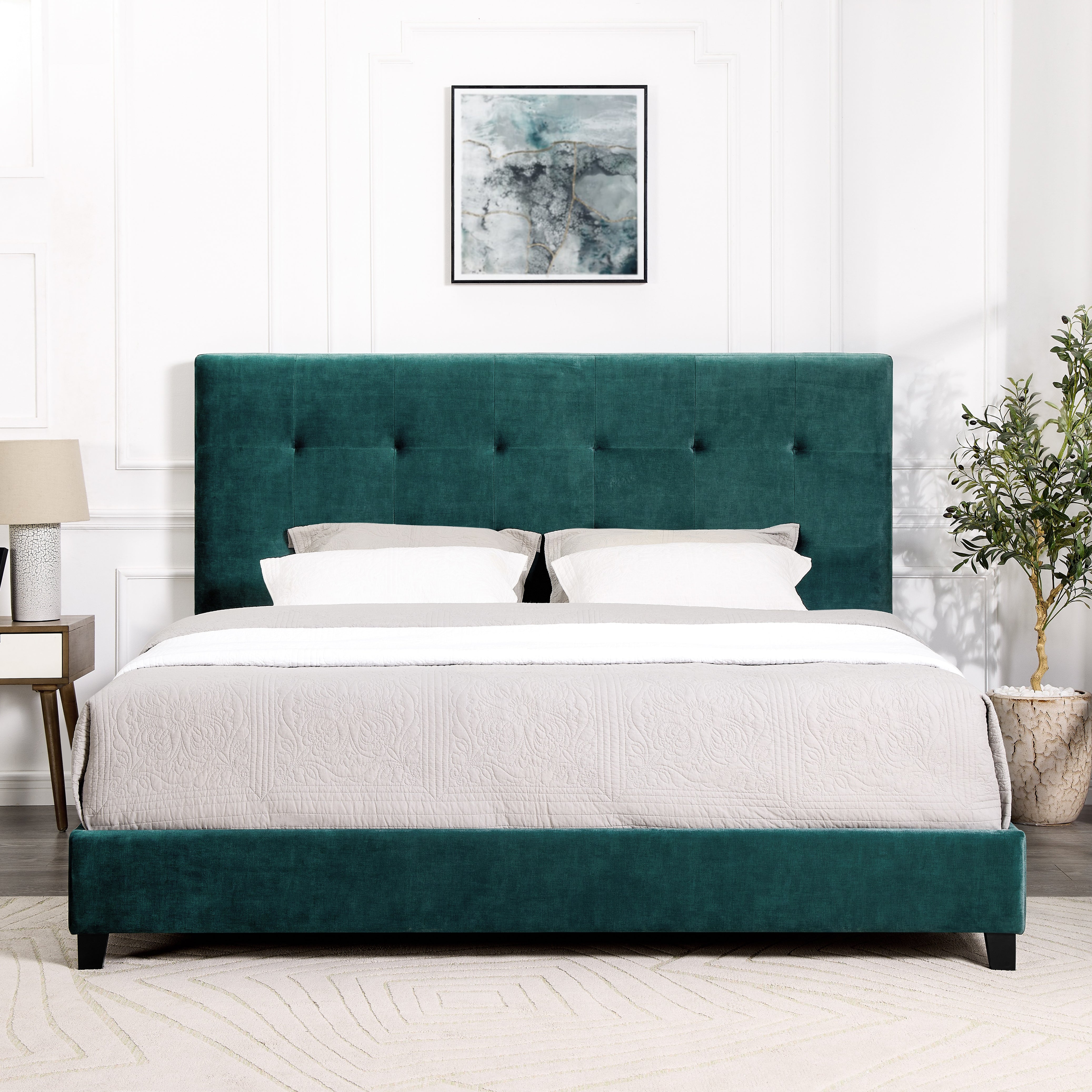 Bridgevine Home King Size Green Velvet Tufted Upholstered Platform Bed--1