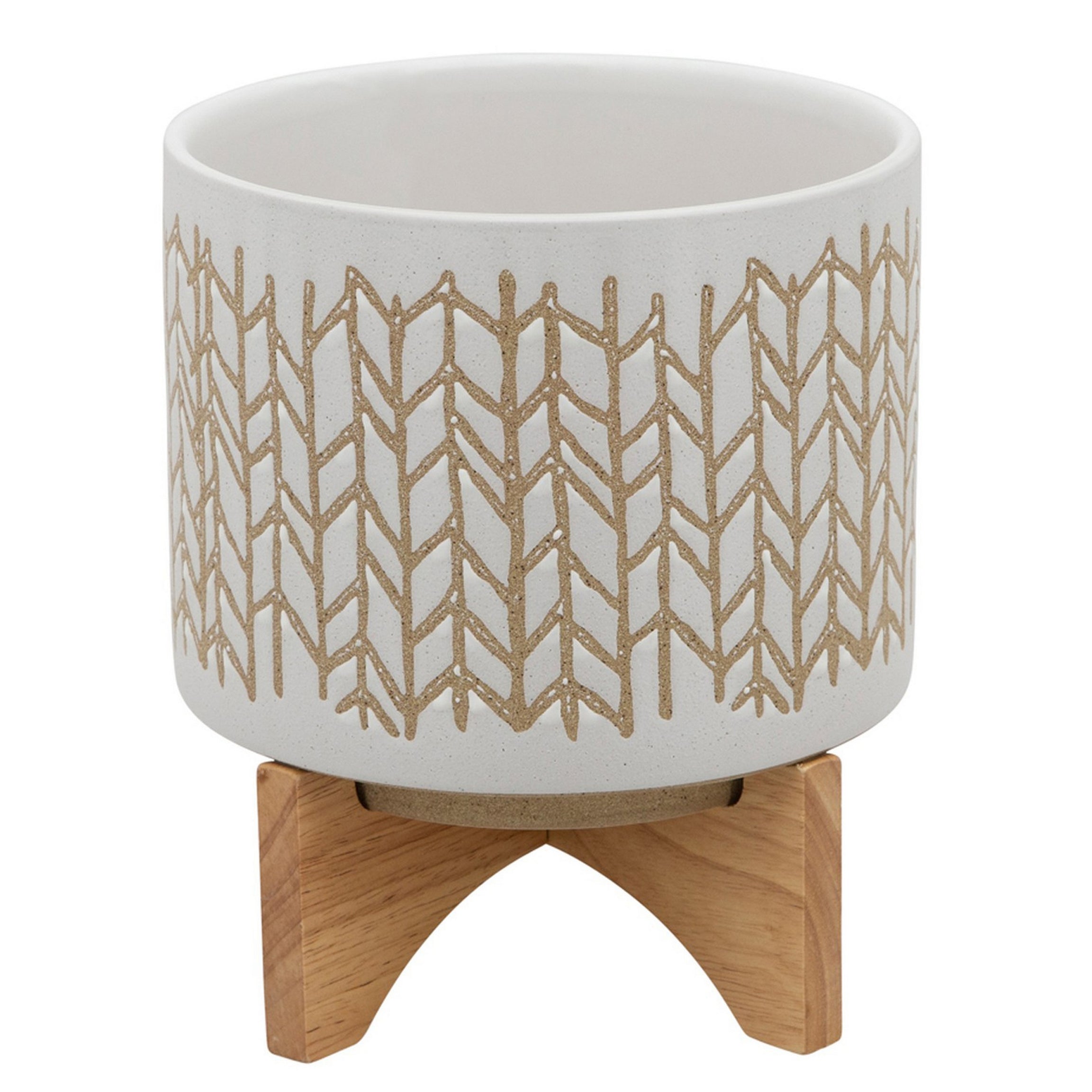 Planter with  Chevron Pattern and Wooden Stand, Large, Off White--1