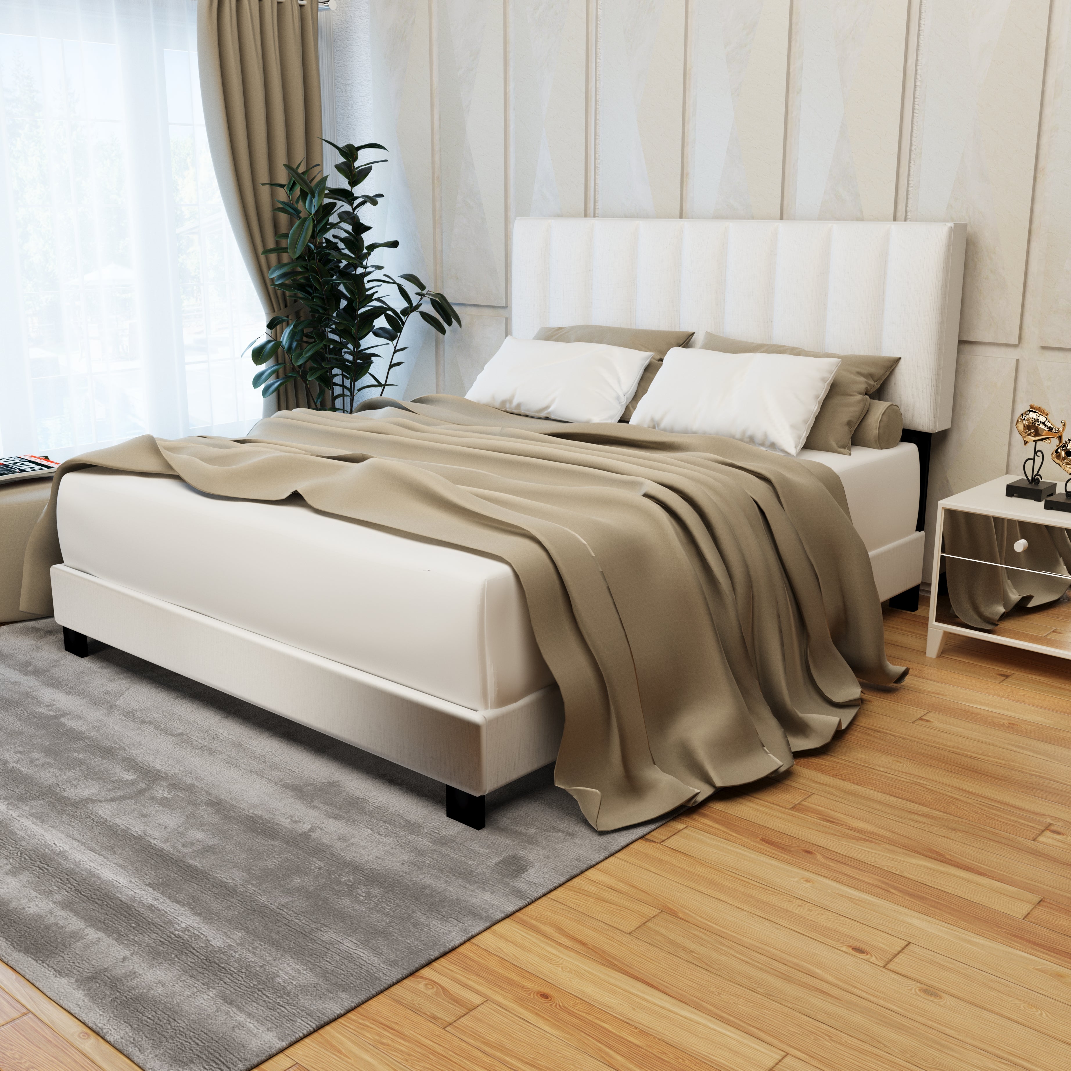 WHITE QUEEN SIZE UPHOLSTERED BED FRAME WITH ADJUSTABLE HEADBOARD, CHENILLE FABRIC, CLEAN WHITE STYLE MODERN POPULAR STYLE SUITABLE FOR ANY ROOM DESIGNS--1