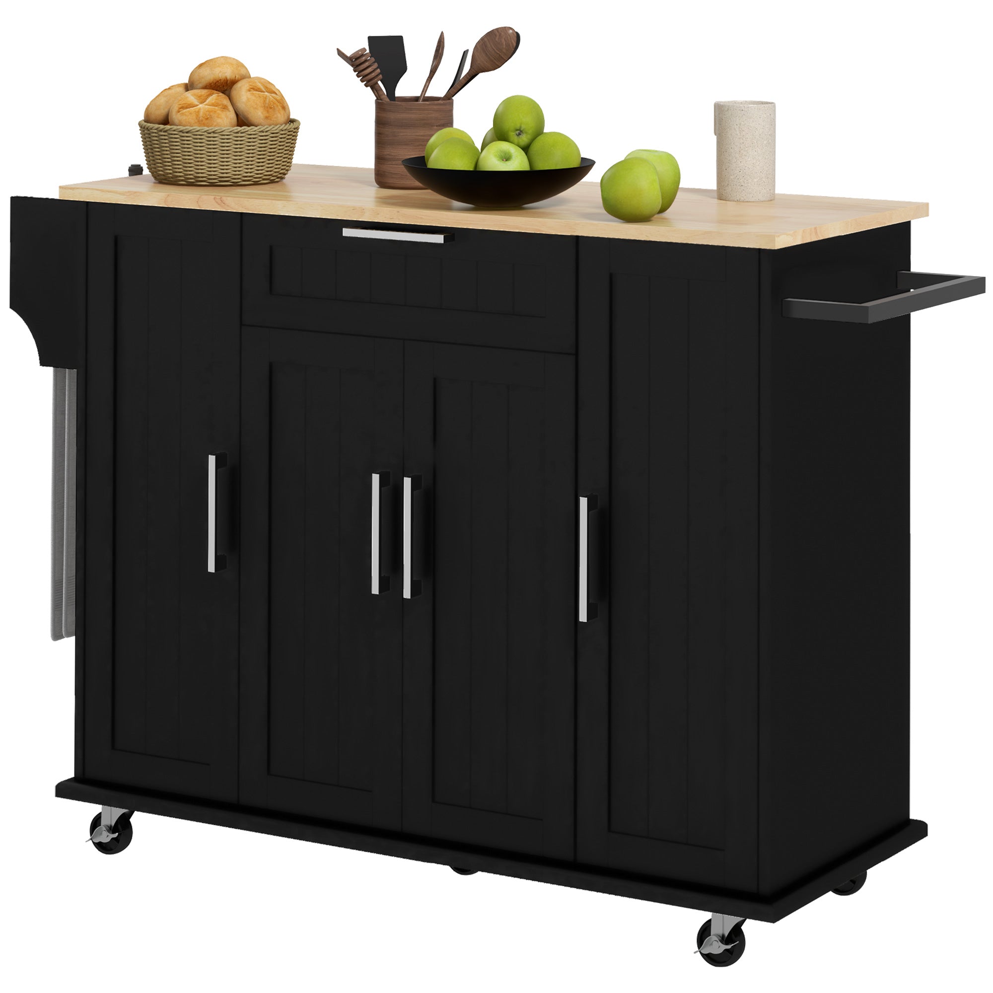 HOMCOM Kitchen Island on Wheels, Rolling Kitchen Cart with Rubberwood Top, Drawer, Spice Rack, Towel Rack, Storage Cabinet with Inner Adjustable Shelves, Black--1