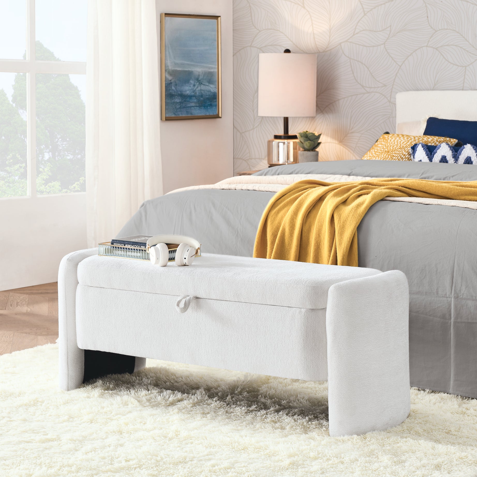 Oval Ottoman  Storage Bench Chenille Fabric Bench with Large Storage Space for the Living Room, Entryway and Bedroom,Cream white--1