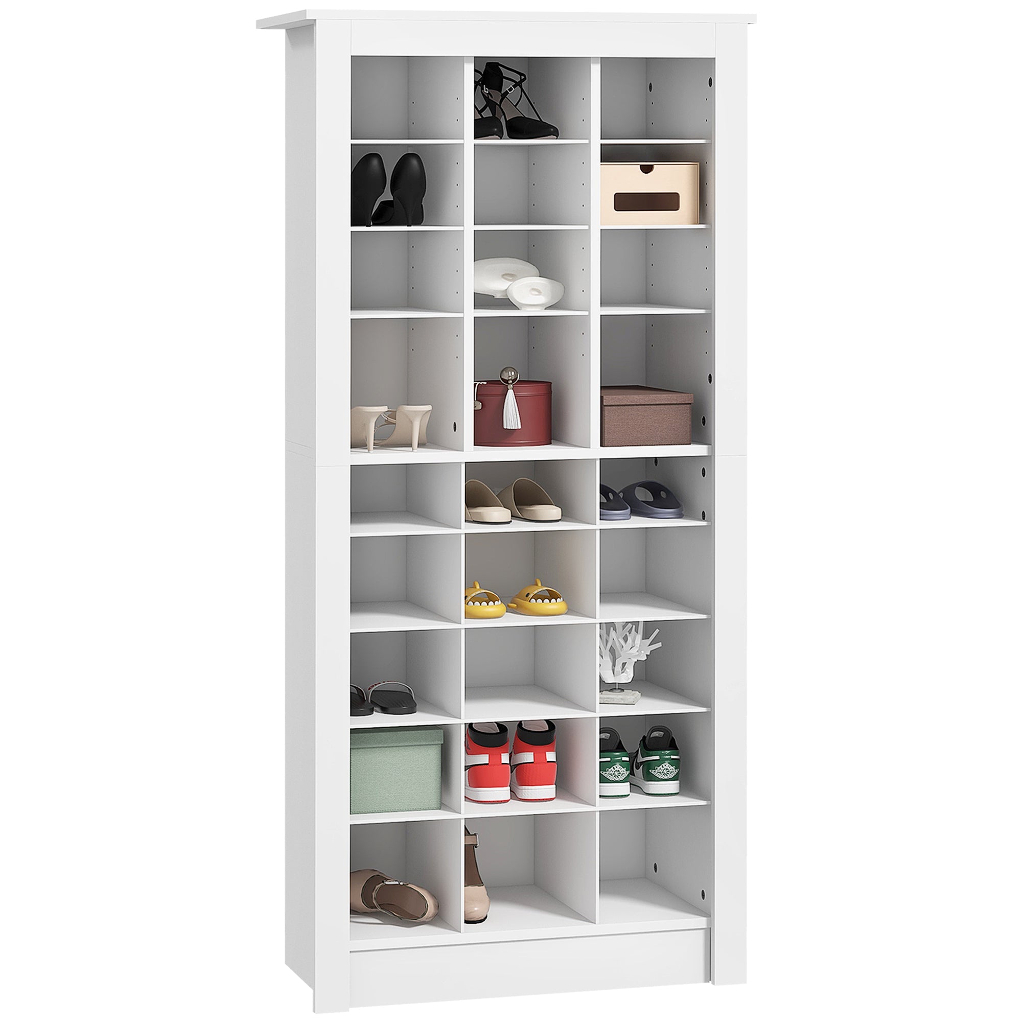 HOMCOM 58" Tall Shoe Cabinet for Entryway, Narrow Shoe Rack Storage Organizer with Open Cubes and Adjustable Shelves for 27 Pairs of Shoes, White--1