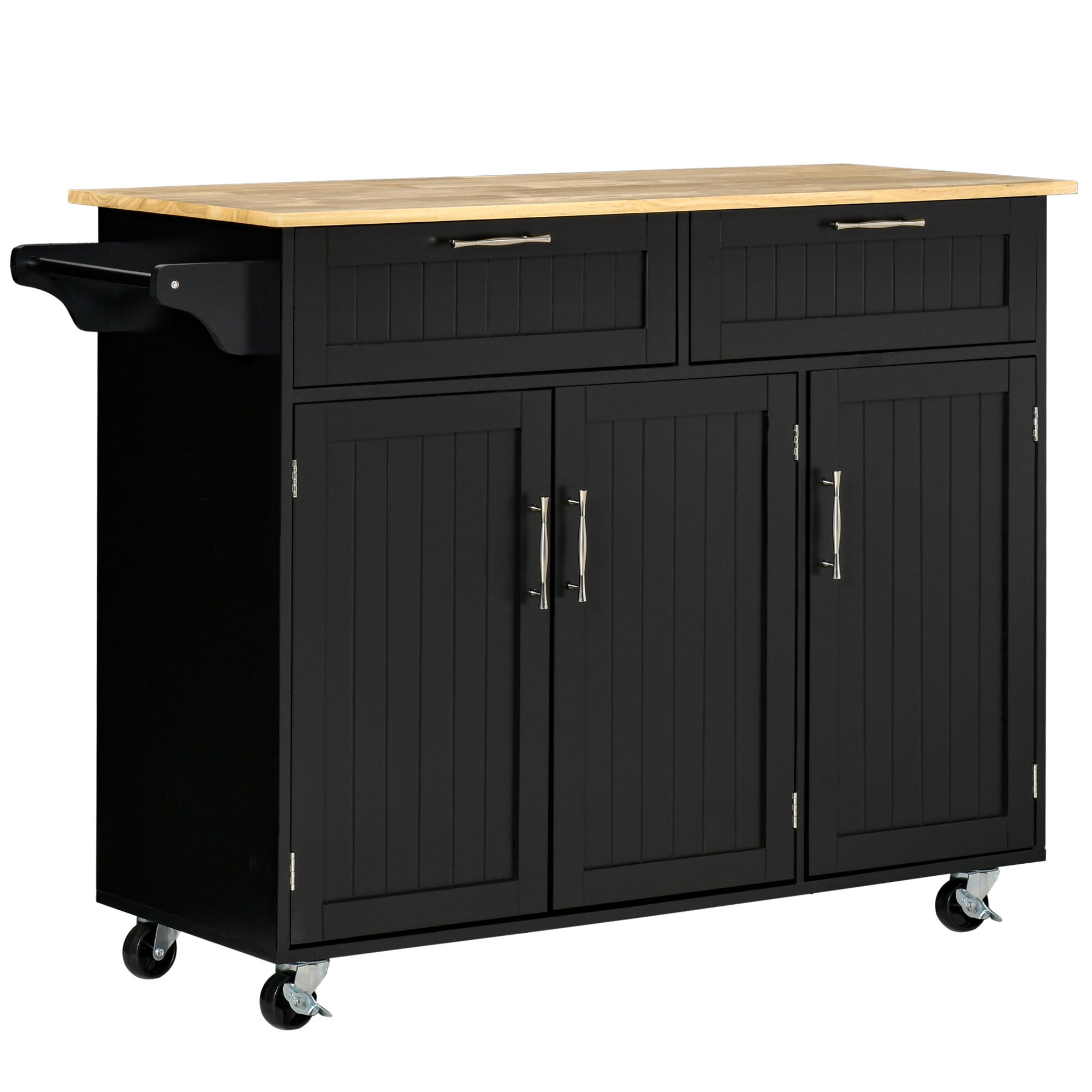 HOMCOM Mobile Kitchen Island with Storage, Kitchen Cart with Wood Top, Storage Drawers, 3-door Cabinets, Adjustable Shelves and Towel Rack, Black--1