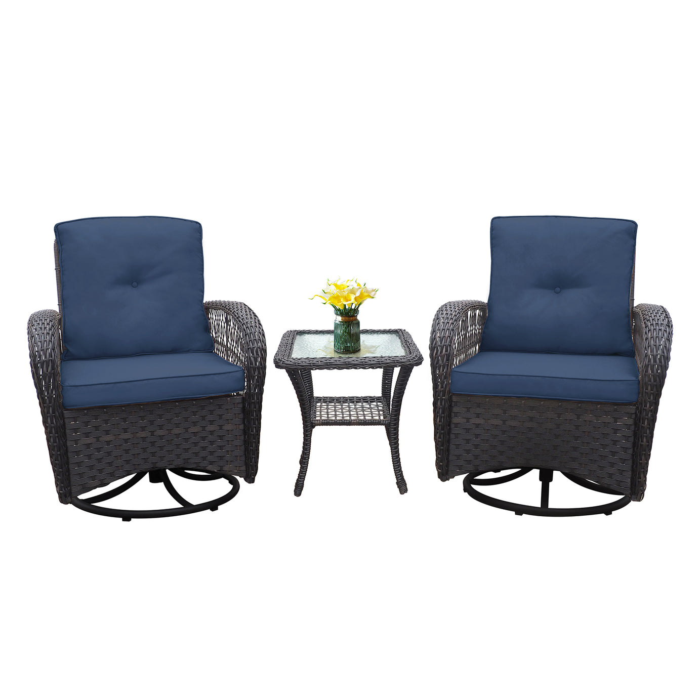 3 Pieces Conversation Set, Outdoor Wicker Rocker Swivel  Patio Bistro Set,  Rocking Chair with Glass Top Side Table,Navy Blue--1