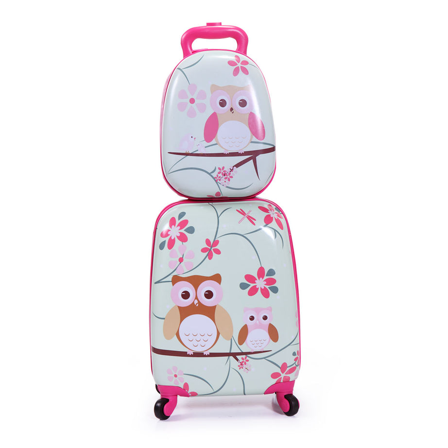 2 PCS Kids Luggage Set, 12" Backpack and 16" Spinner Case with 4 Universal Wheels, Travel Suitcase for Boys Girls, Pink with Animal Patterns--1