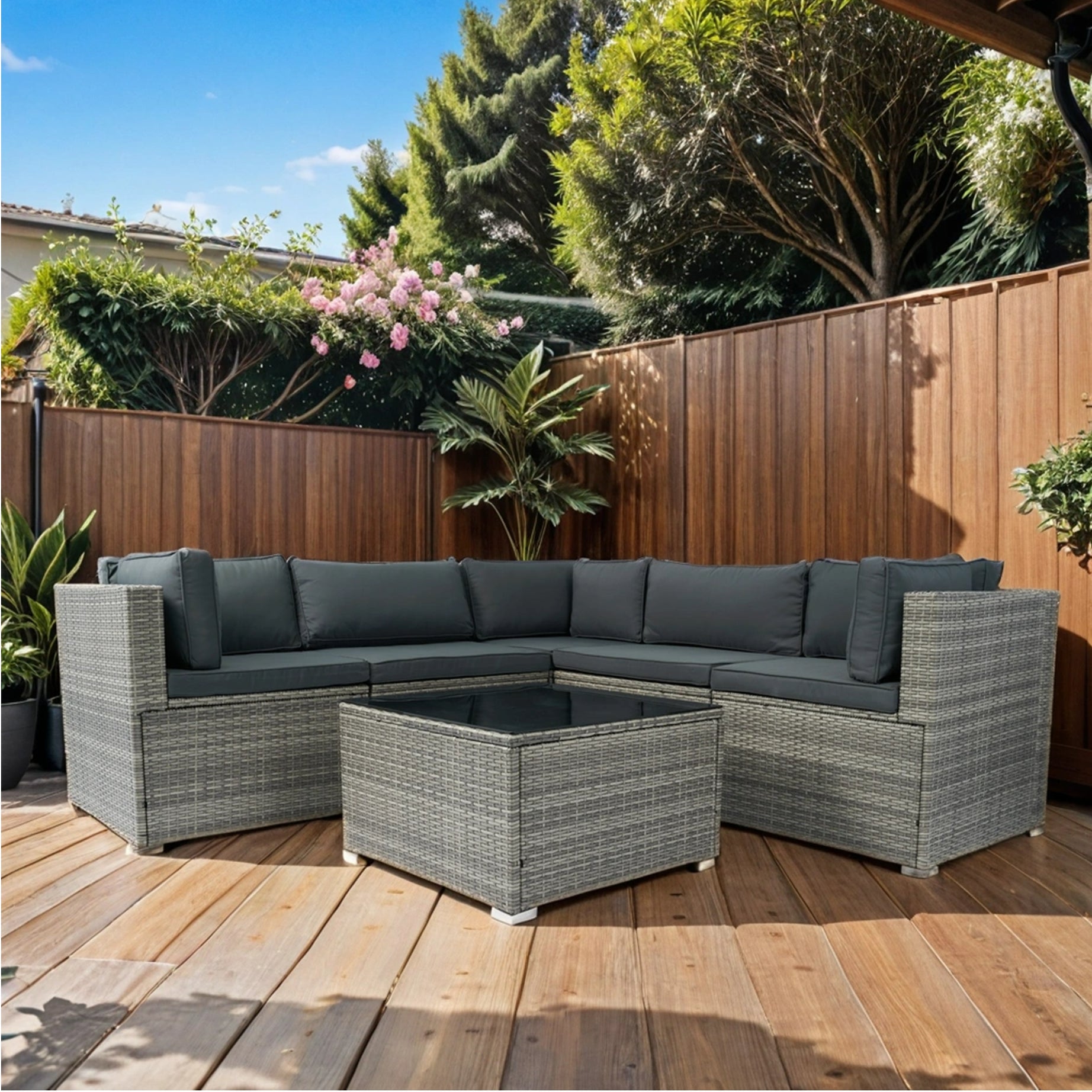 6 Pieces PE Rattan sectional Outdoor Furniture Cushioned  Sofa set Grey Wicker, Dark Grey Cushion--1