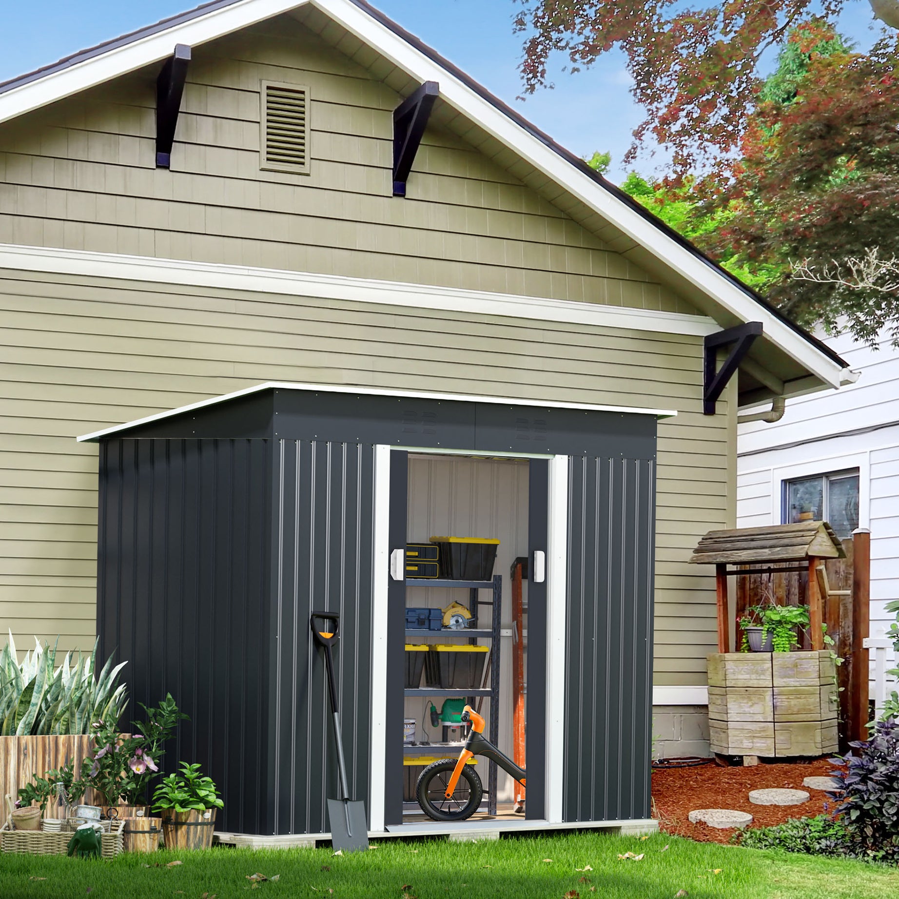 4.2 x 9.1 Ft Outdoor Storage Shed, Metal Tool Shed with Lockable Doors Vents, Utility Garden Shed for Patio Lawn Backyard, Dark Gray--1