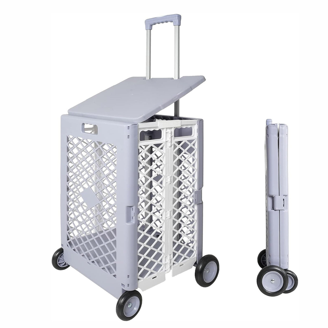 55L Foldable Rolling Cart with Wheels, Portable Updated Utility Tools with Lid Rolling Crate w/ Telescopic Handle, Gray--1