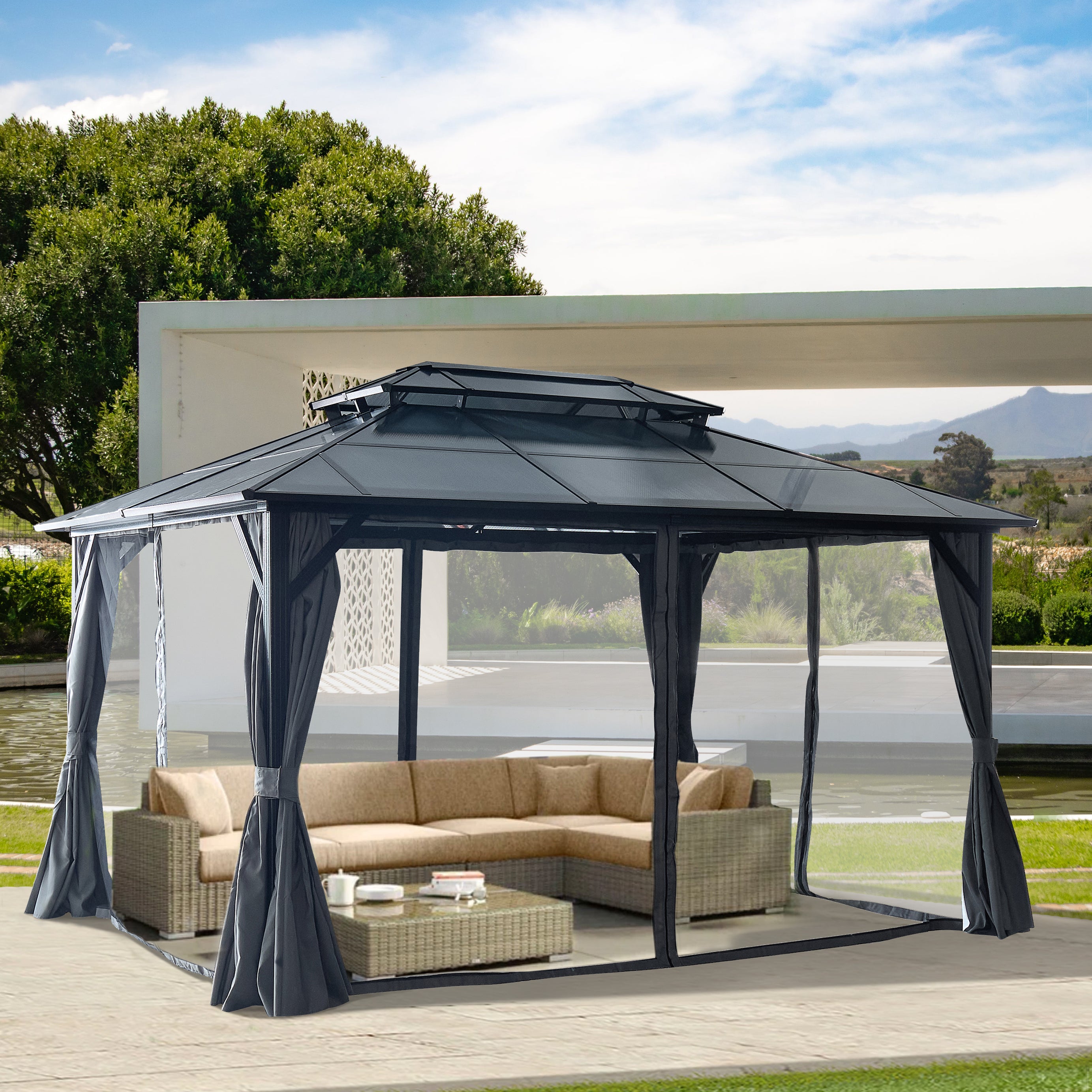 10'x13' Hardtop Gazebo, Outdoor Polycarbonate Double Roof Canopy, Aluminum Frame Permanent Pavilion with Curtains and Netting, Sunshade for Garden, Patio, Lawns--1