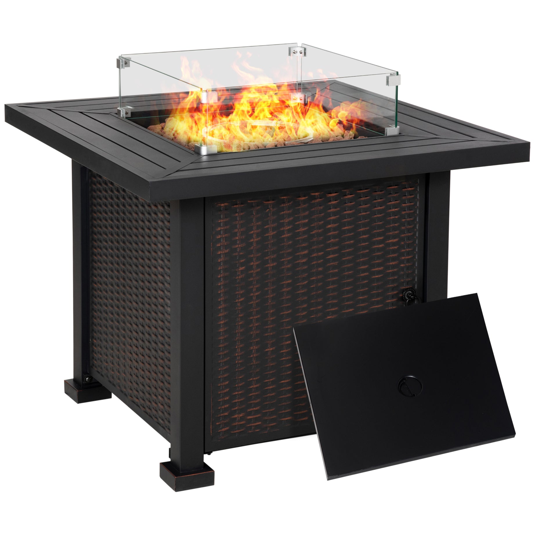 Outsunny 34 Inch Outdoor Propane Gas Fire Pit Table, 50,000 BTU Auto-Ignition Square Wicker-effect Gas Firepit with Glass Wind Guard, Lid, Lava Rocks, Steel Base, CSA Certification, Black--1