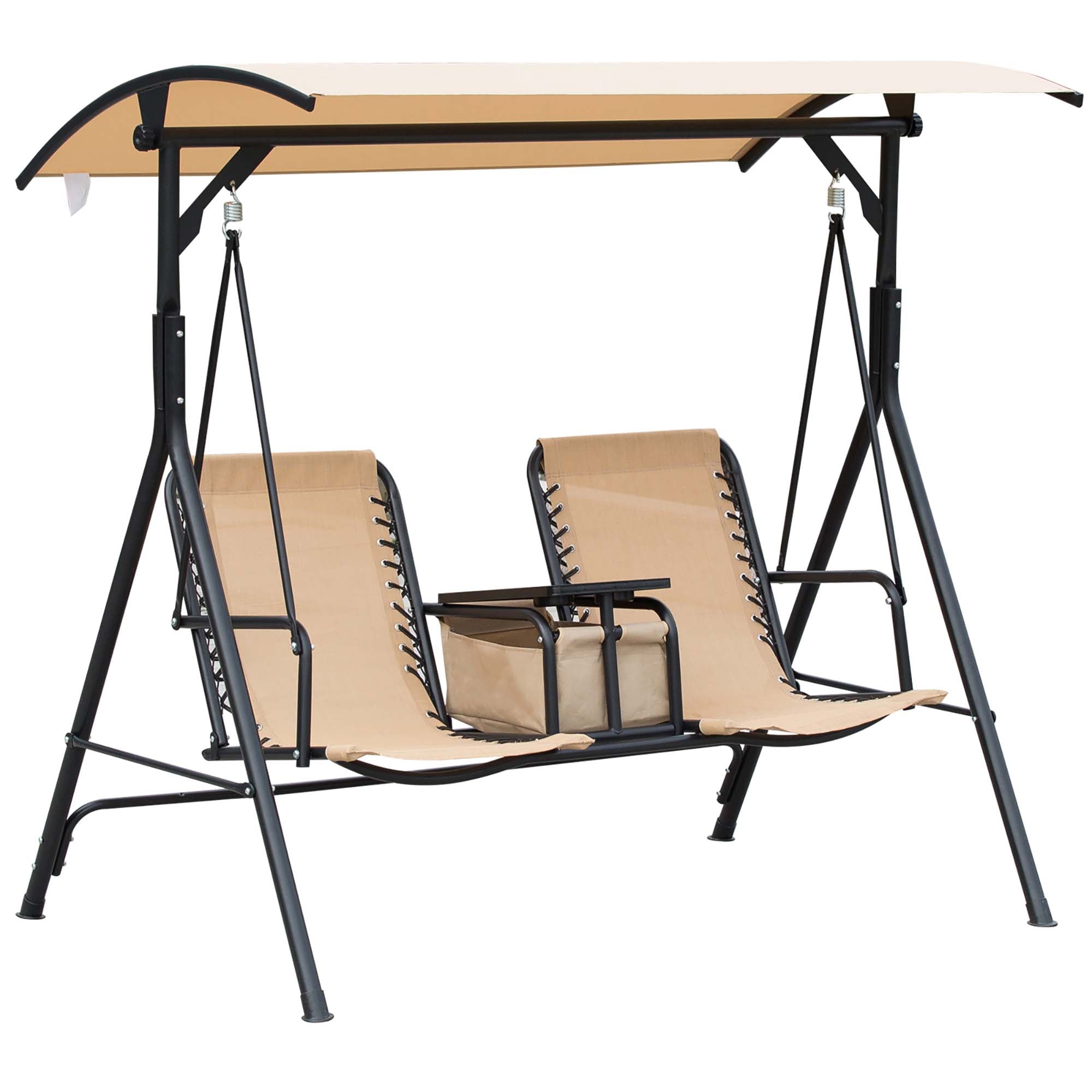 Outsunny 2-Seat Patio Swing Chair, Outdoor Canopy Swing Glider with Pivot Storage Table, Cup Holder, Adjustable Shade, Bungie Seat Suspension and Weather Resistant Steel Frame, Beige--1