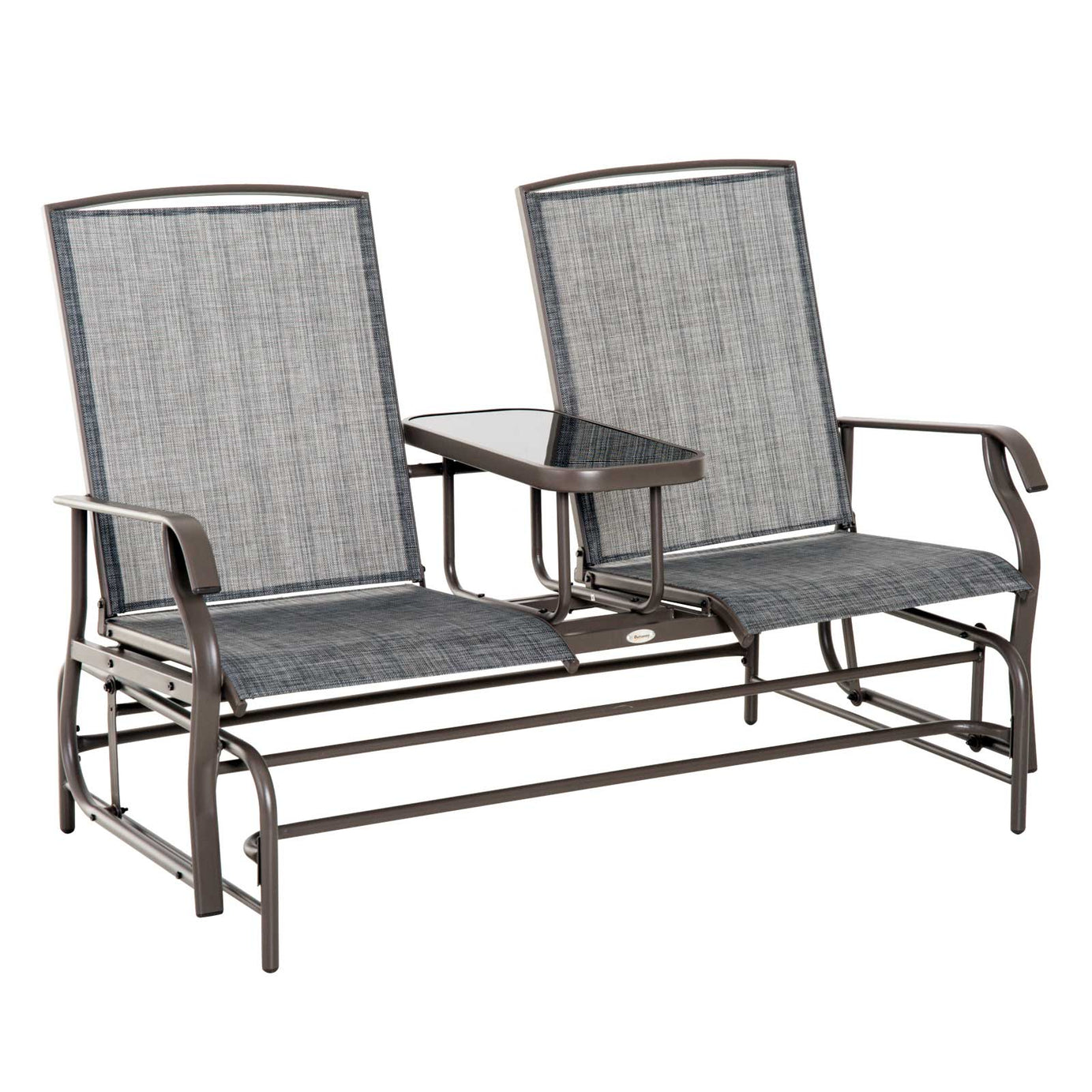 Outsunny Outdoor Glider Bench with Center Table, Metal Frame Patio Loveseat with Breathable Mesh Fabric and Armrests for Backyard Garden Porch, Gray--1