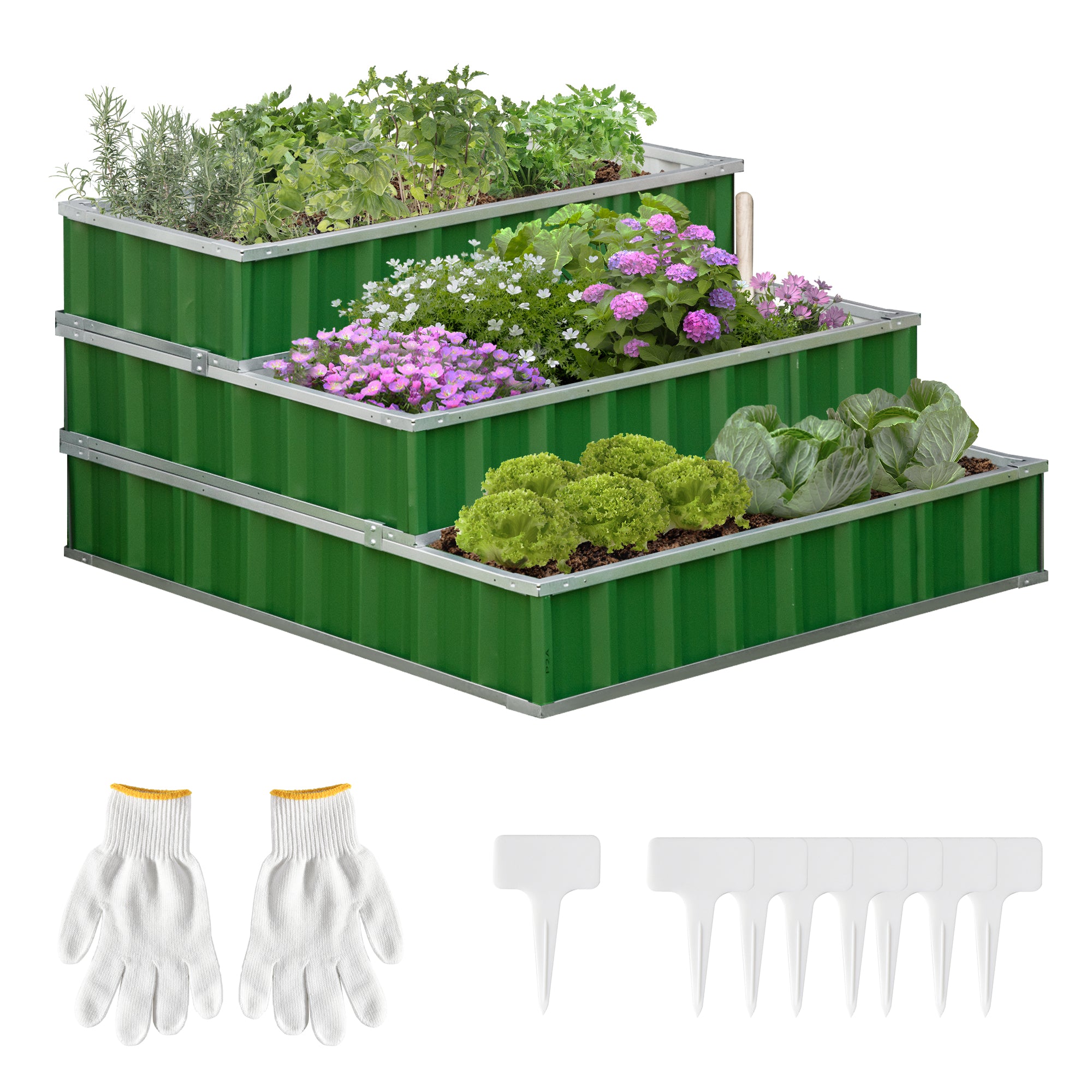 Outsunny 3 Tier Raised Garden Bed Color Steel Raised Garden Bed w/ Pair of Glove 47''x 47''x 25'' for Backyard, Patio to Grow Vegetables, Herbs, and Flowers, Green--1