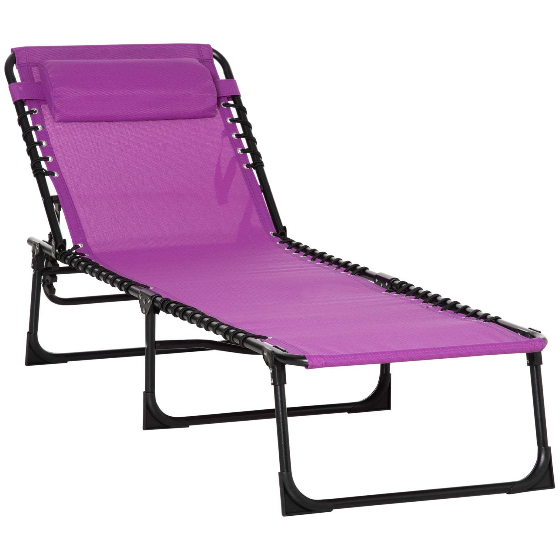 Outsunny Folding Chaise Lounge Pool Chair, Patio Sun Tanning Chair, Outdoor Lounge Chair w/ 4-Position Reclining Back, Pillow, Breathable Mesh & Bungee Seat for Beach, Yard, Patio, Purple--1