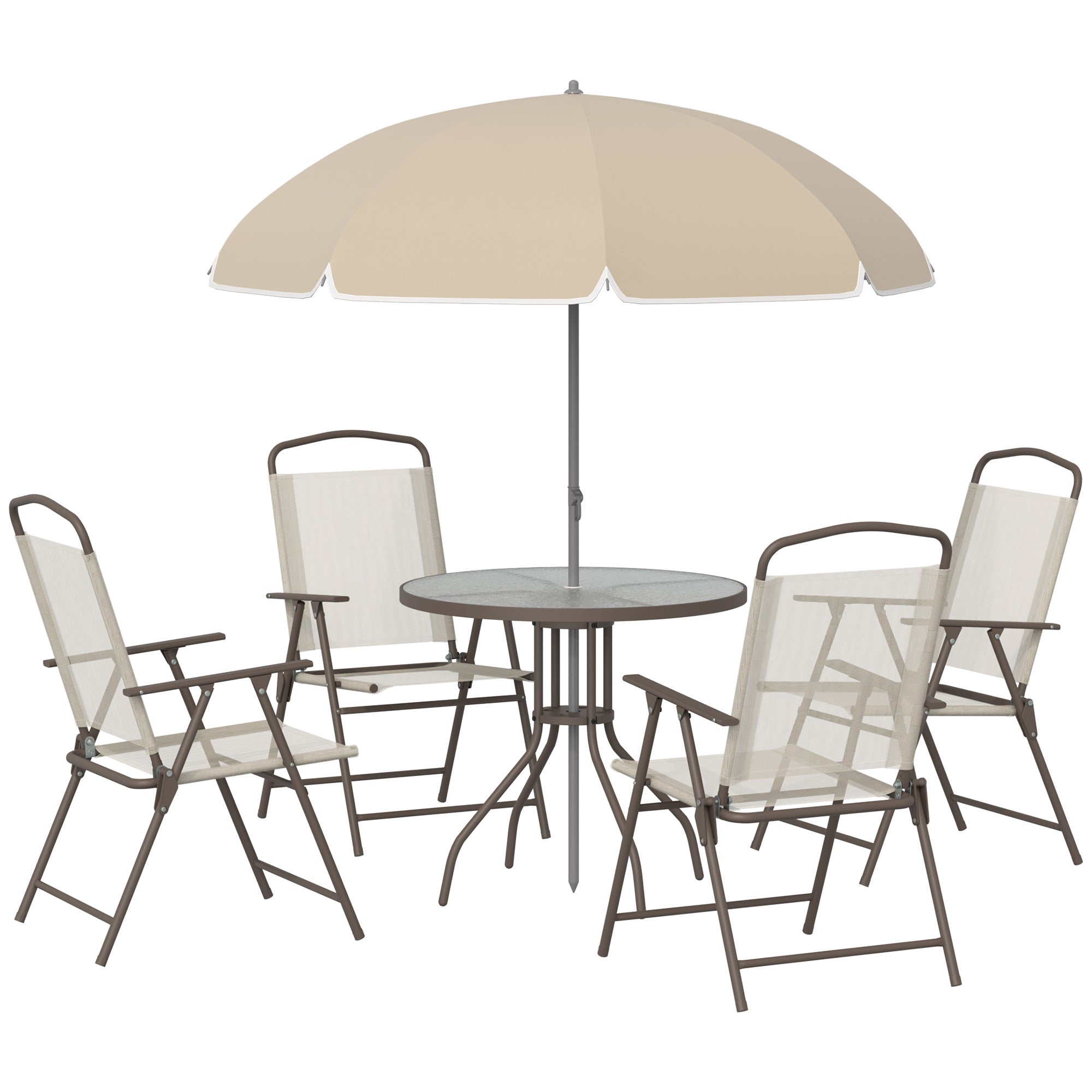 Outsunny 6 Piece Patio Dining Set for 4 with Umbrella, Outdoor Table and Chairs with 4 Folding Dining Chairs & Round Glass Table for Garden, Backyard and Poolside, Beige--1