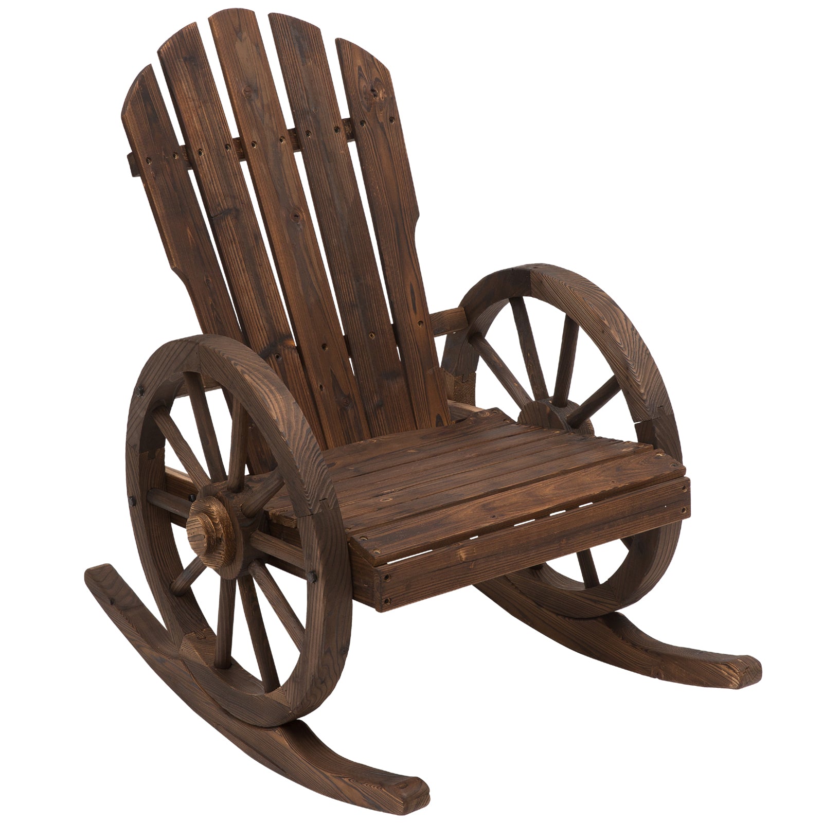 Outsunny Wooden Rocking Chair, Adirondack Rocker Chair w/ Slatted Design and Oversized Back, Outdoor Rocking Chair with Wagon Wheel Armrest for Porch, Poolside, and Garden, Carbonized--1