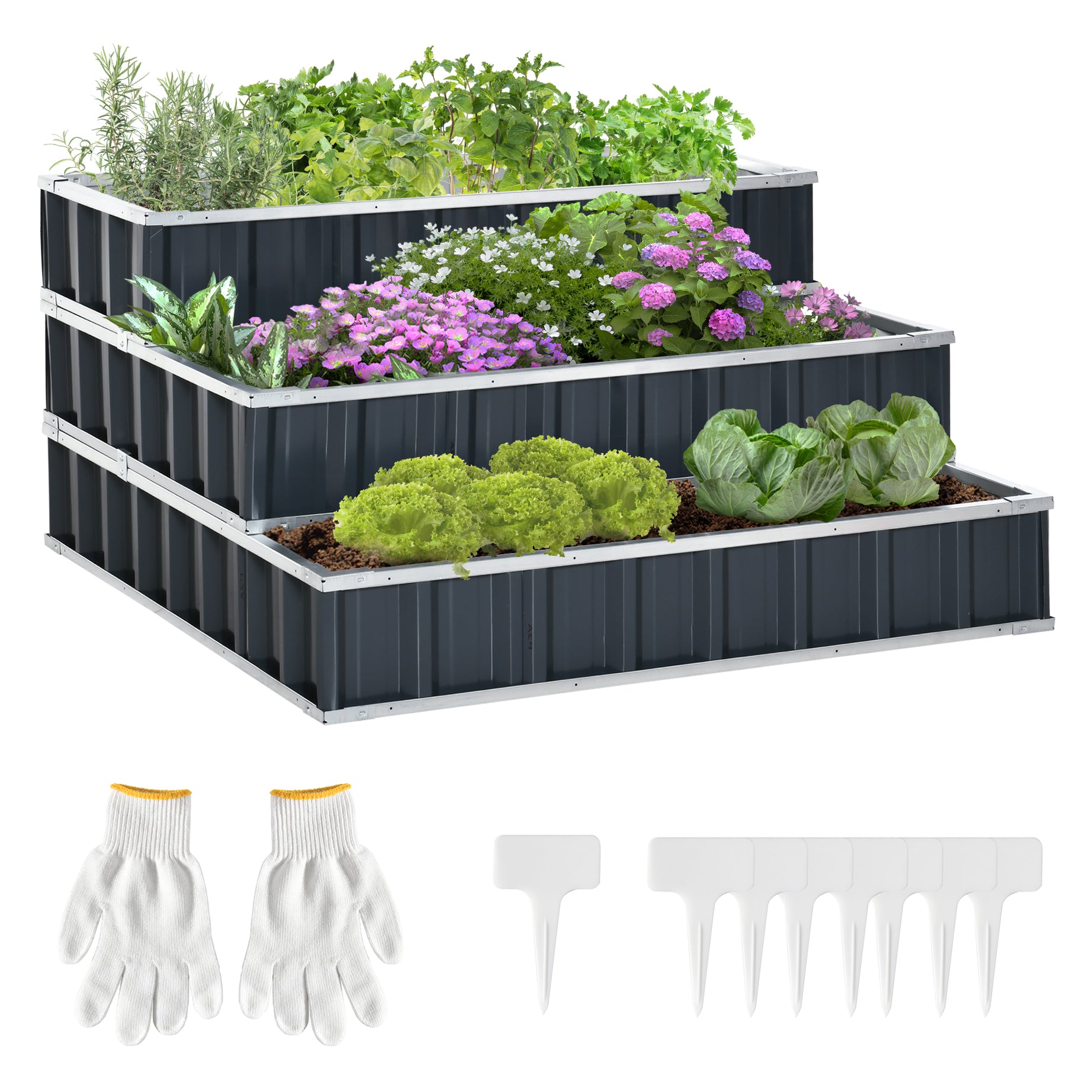 Outsunny 3 Tier Raised Garden Bed Color Steel Raised Garden Bed w/ Pair of Glove 47''x 47''x 25'' for Backyard, Patio to Grow Vegetables, Herbs, and Flowers, Grey--1