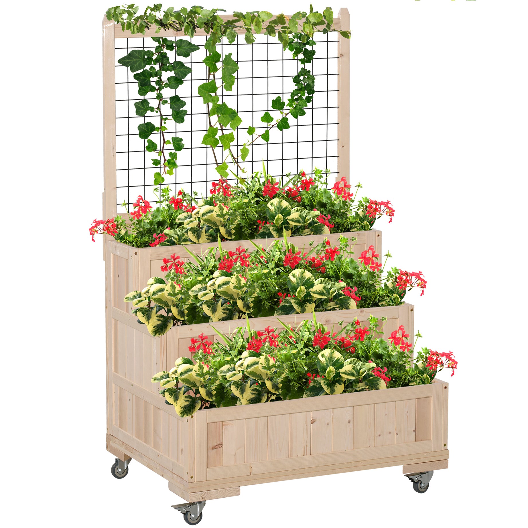 Outsunny 3-Tiers Raised Garden Bed with Trellis, 53" H Vertical Planter Box with Wheels & Back Storage Area, for Flowers, Vegetables, Herbs, Natural--1