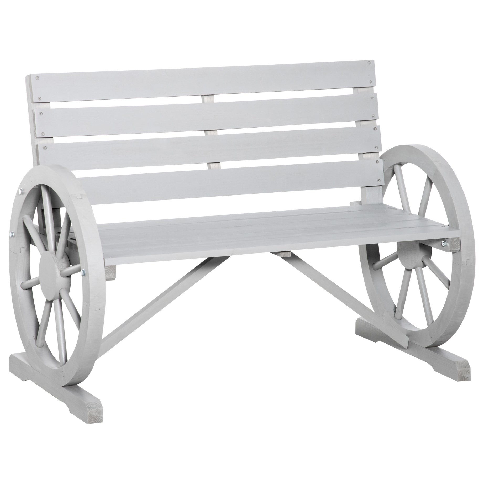 Outsunny 41" Wooden Wagon Wheel Bench, Rustic Outdoor Patio Weather Resistance Furniture, 2-Person Slatted Seat Bench with Backrest, Light Gray--1