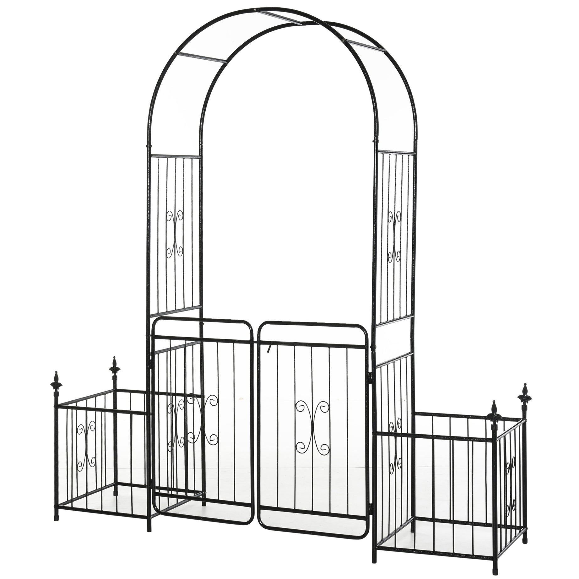 Outsunny 86" Garden Arbor Arch Gate with Trellis Sides for Climbing Plants, Wedding Ceremony Decorations, Grape Vines with Locking Doors, Planter Baskets, Flourishes & Arrow Tips, Black--1