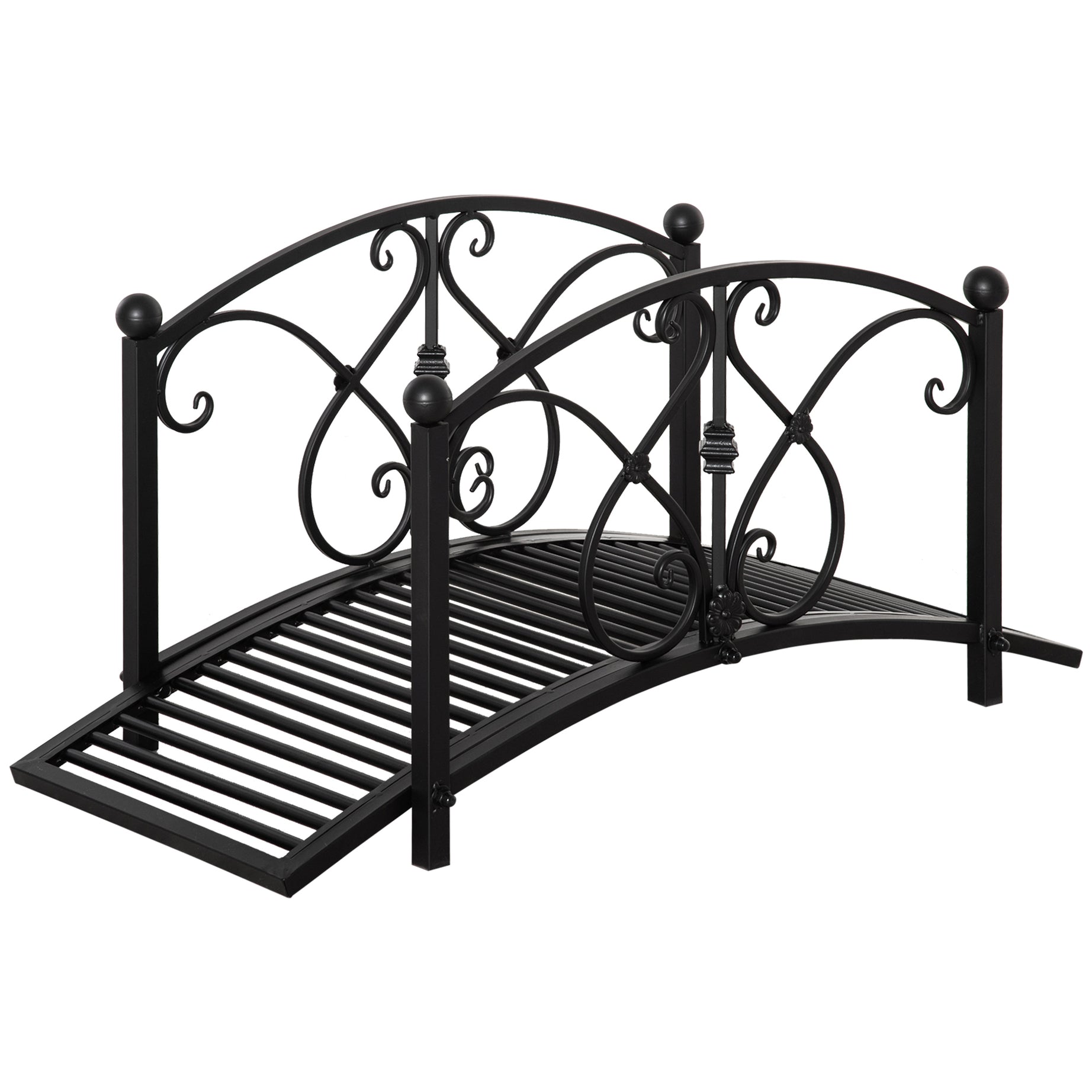 Outsunny 3.3FT Metal Arch Zen Garden Bridge with Safety Siderails, Decorative Footbridge, Delicate Floral Scrollwork for Stream, Fish Pond, Black--1