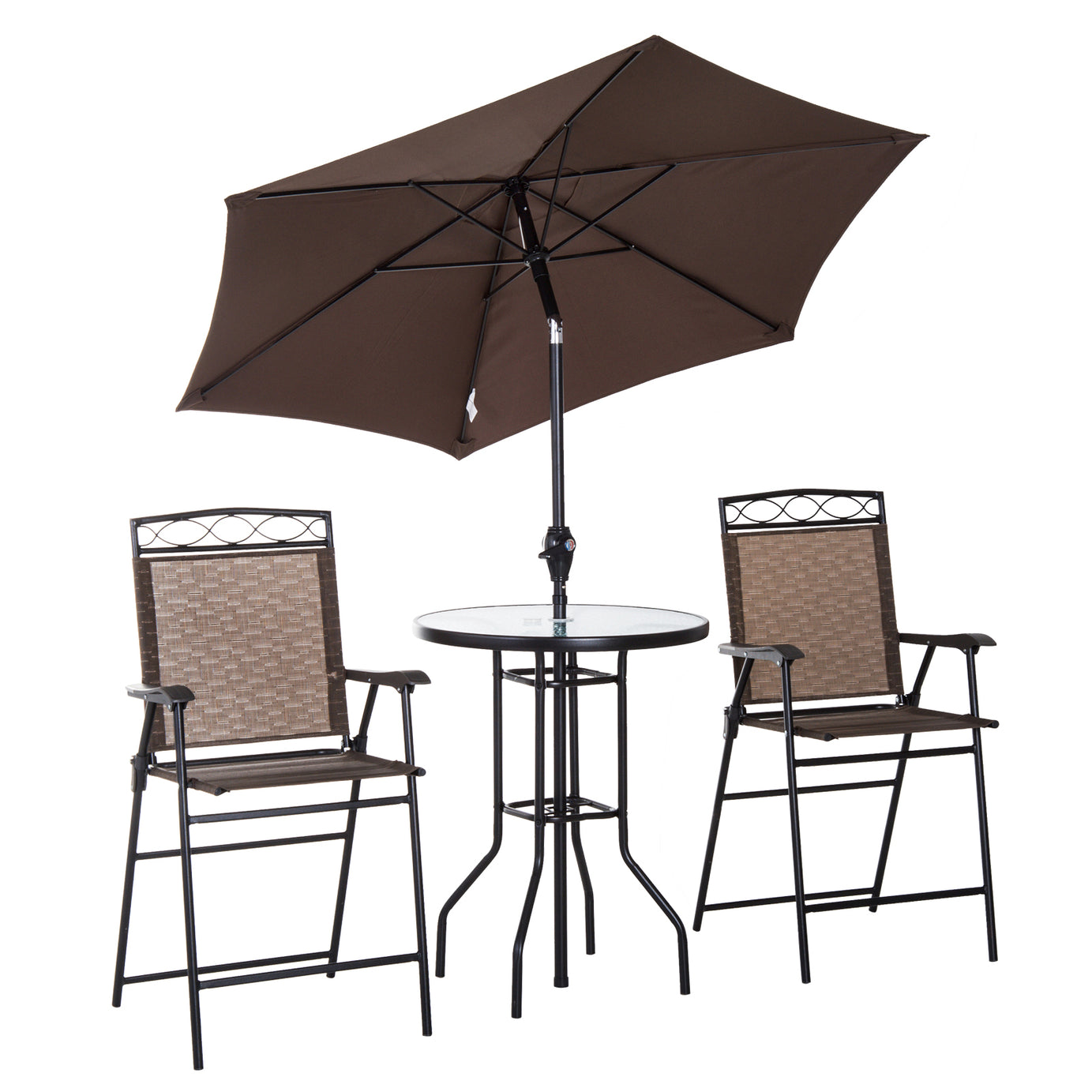 Outsunny 4 Piece Outdoor Patio Dining Furniture Set, 2 Folding Chairs, Adjustable Angle Umbrella, Wave Textured Tempered Glass Dinner Table, Brown--1