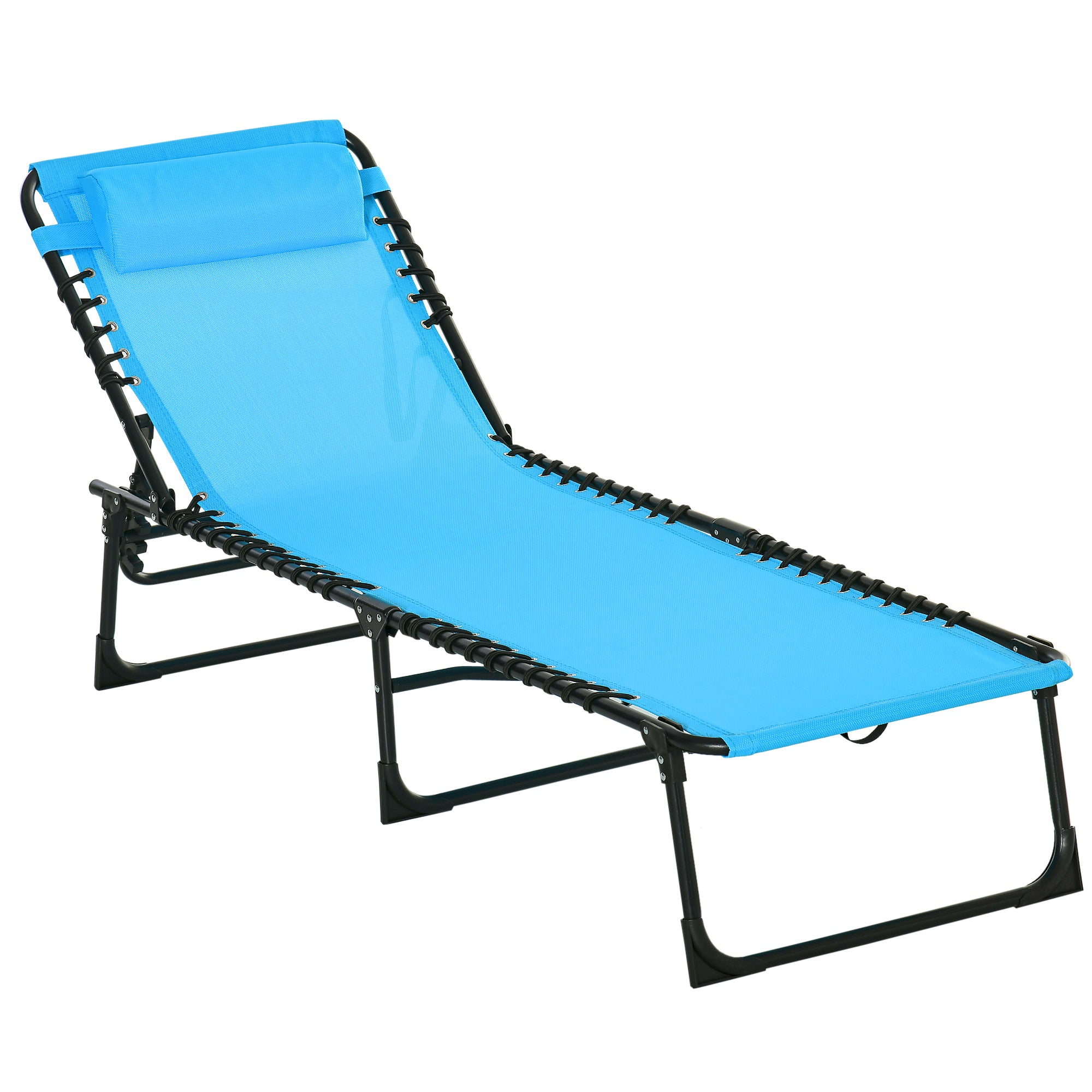 Outsunny Folding Chaise Lounge Pool Chair, Patio Sun Tanning Chair, Outdoor Lounge Chair w/ 4-Position Reclining Back, Pillow, Breathable Mesh & Bungee Seat for Beach, Yard, Patio, Blue--1