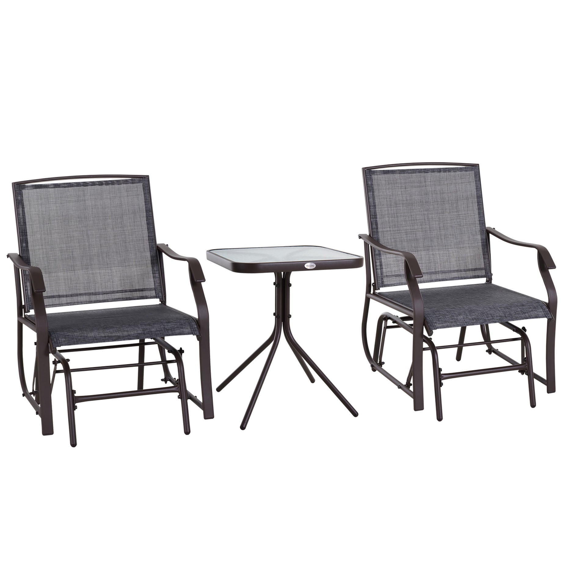 Outsunny 3 Piece Outdoor Glider Chair with Coffee Table Bistro Set, 2 Patio Rocking Swing Chairs with Breathable Sling Fabric, Glass Tabletop, for Backyard, Garden and Porch, Gray--1