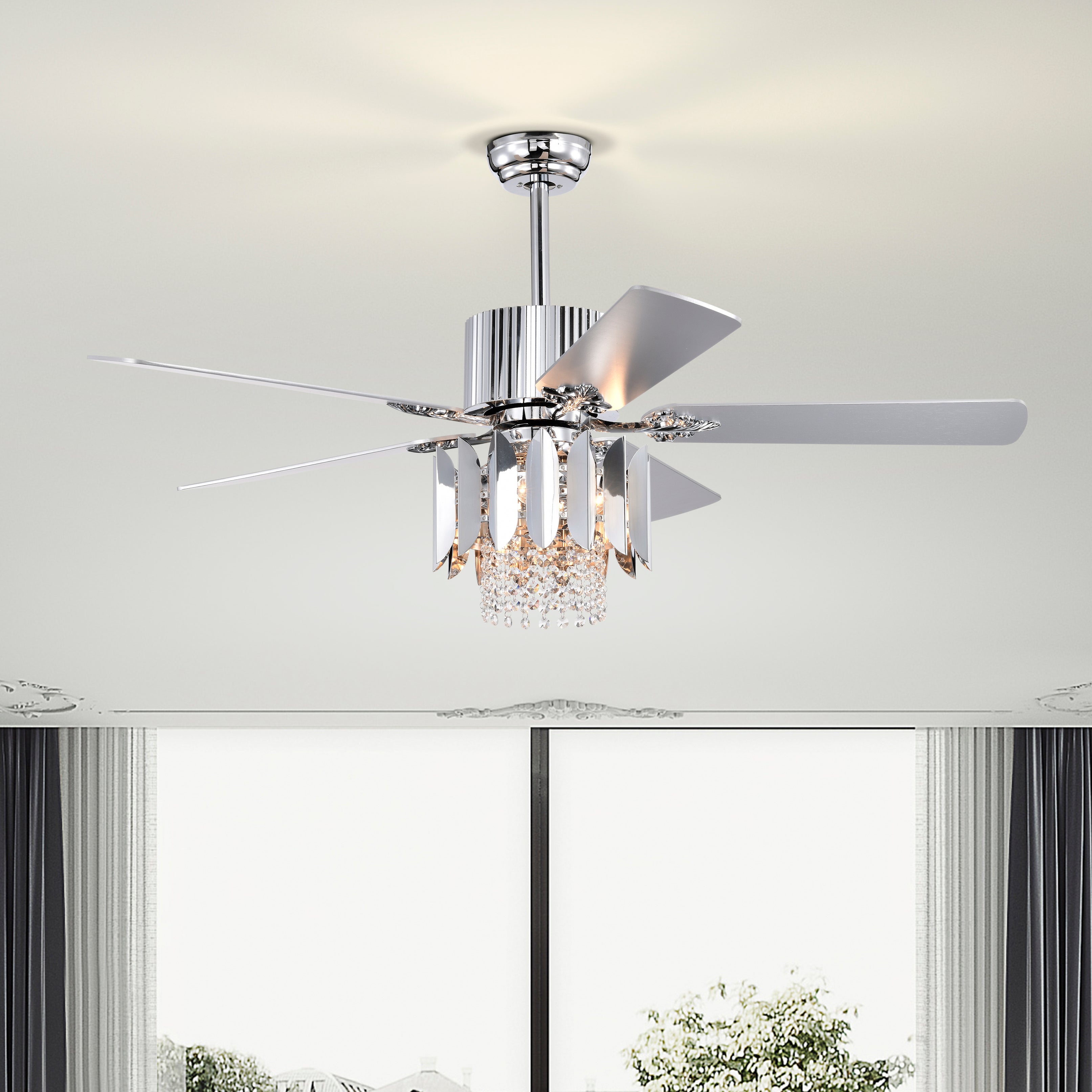 Crystal Ceiling Fan Reversible Blades 3 Wind Speeds Remote Control for Bedroom Living Dining Room --Chrome--1