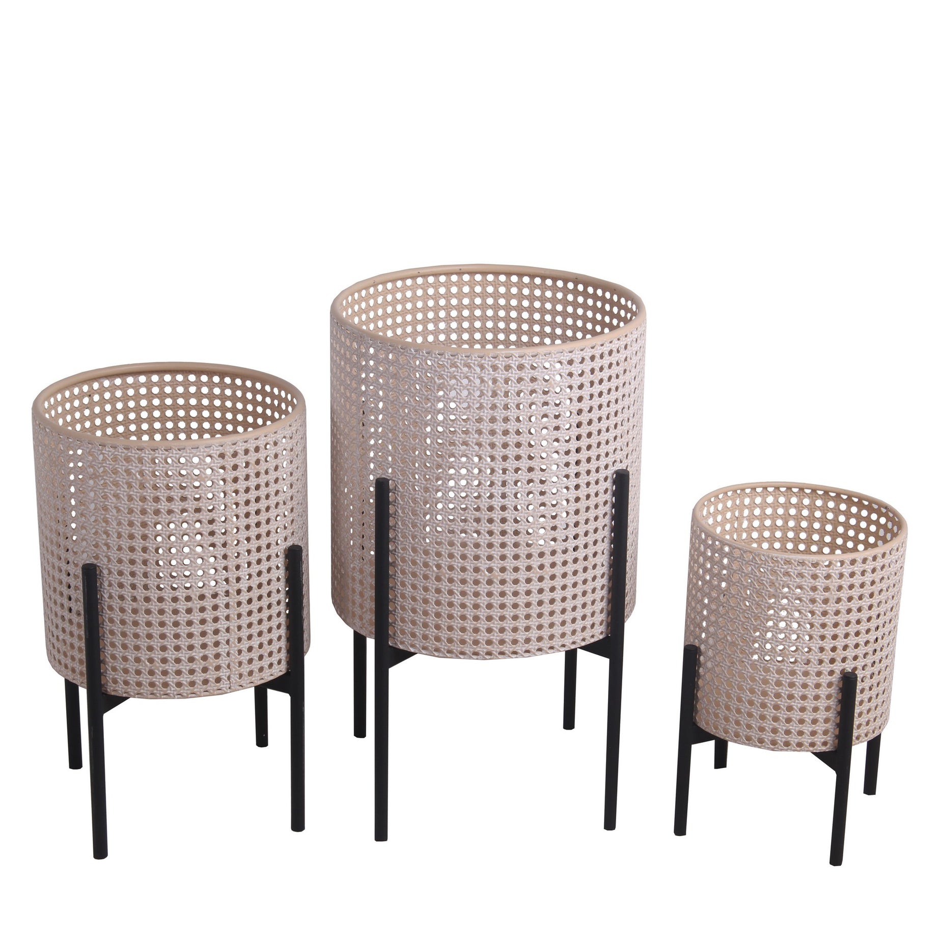 Lattice Round Metal Planter with Tubular Base, Set of 3, Black and Beige--1