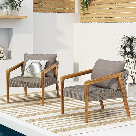 ( Set of 2) Outdoor Acacia Wood Club Chairs with Cushions Teak/Gray--1