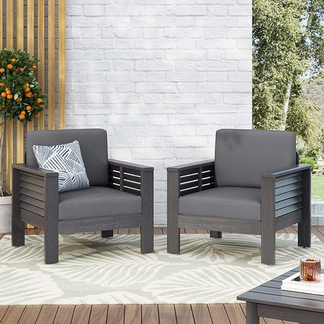 ( Set of 2) Outdoor Acacia Wood Club Chairs with Cushions, Dark Gray, 27.75"D x 32"W x 27.75"H--1