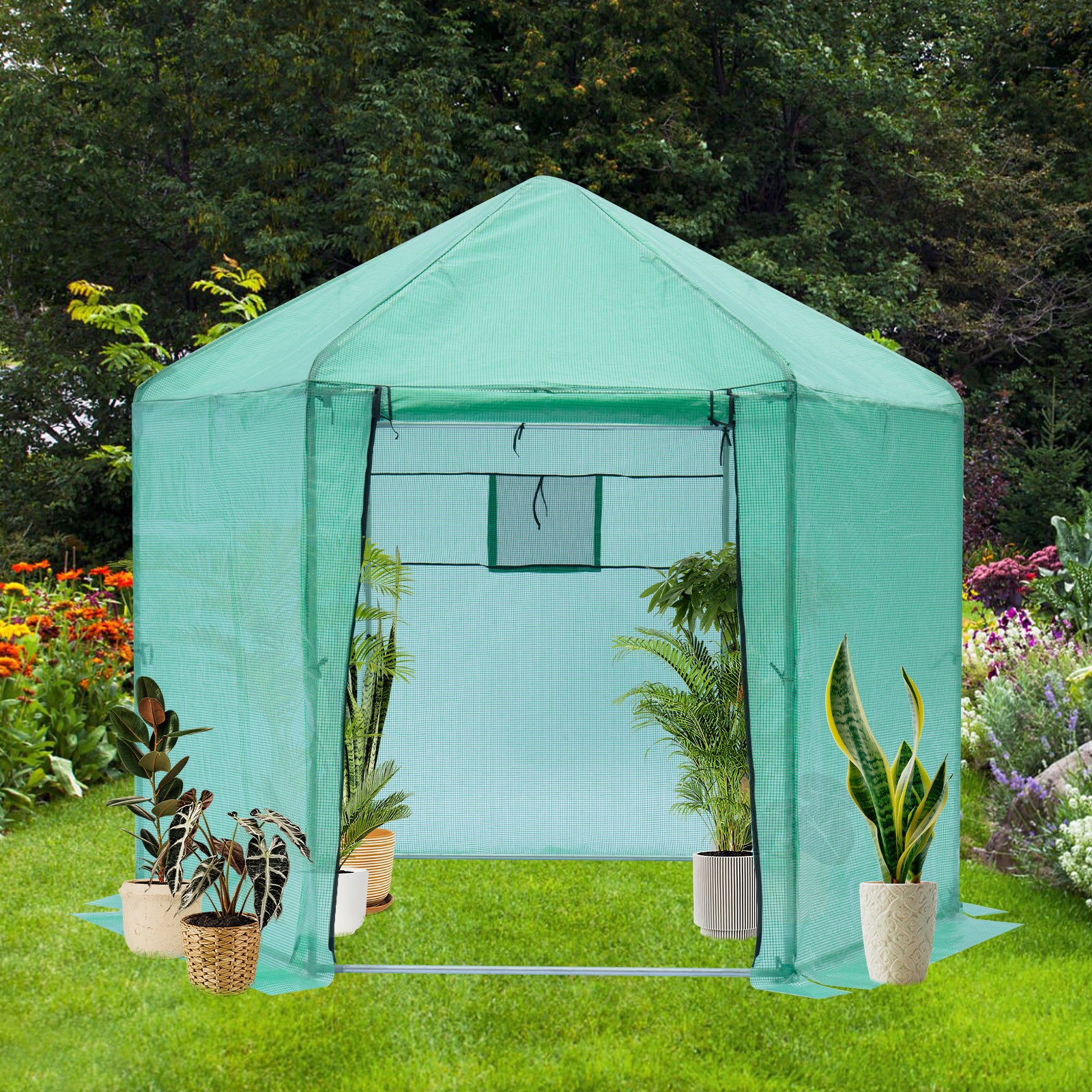 Walk-in Greenhouse Hexagonal Upgrade Reinforced Frame Heavy Duty Plastic Greenhouse Reinforced Thickened Waterproof Insulation(9.2*8.1 ft)--1