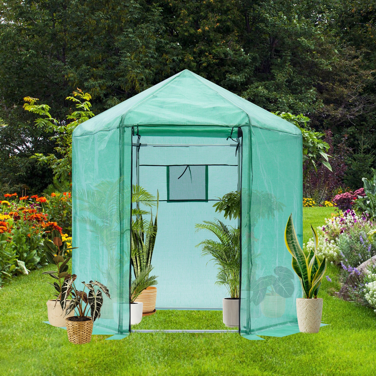 Walk-in Greenhouse Hexagonal Upgrade Reinforced Frame Heavy Duty Plastic Greenhouse Reinforced Thickened Waterproof Insulation(6.9*7.5 ft)--1